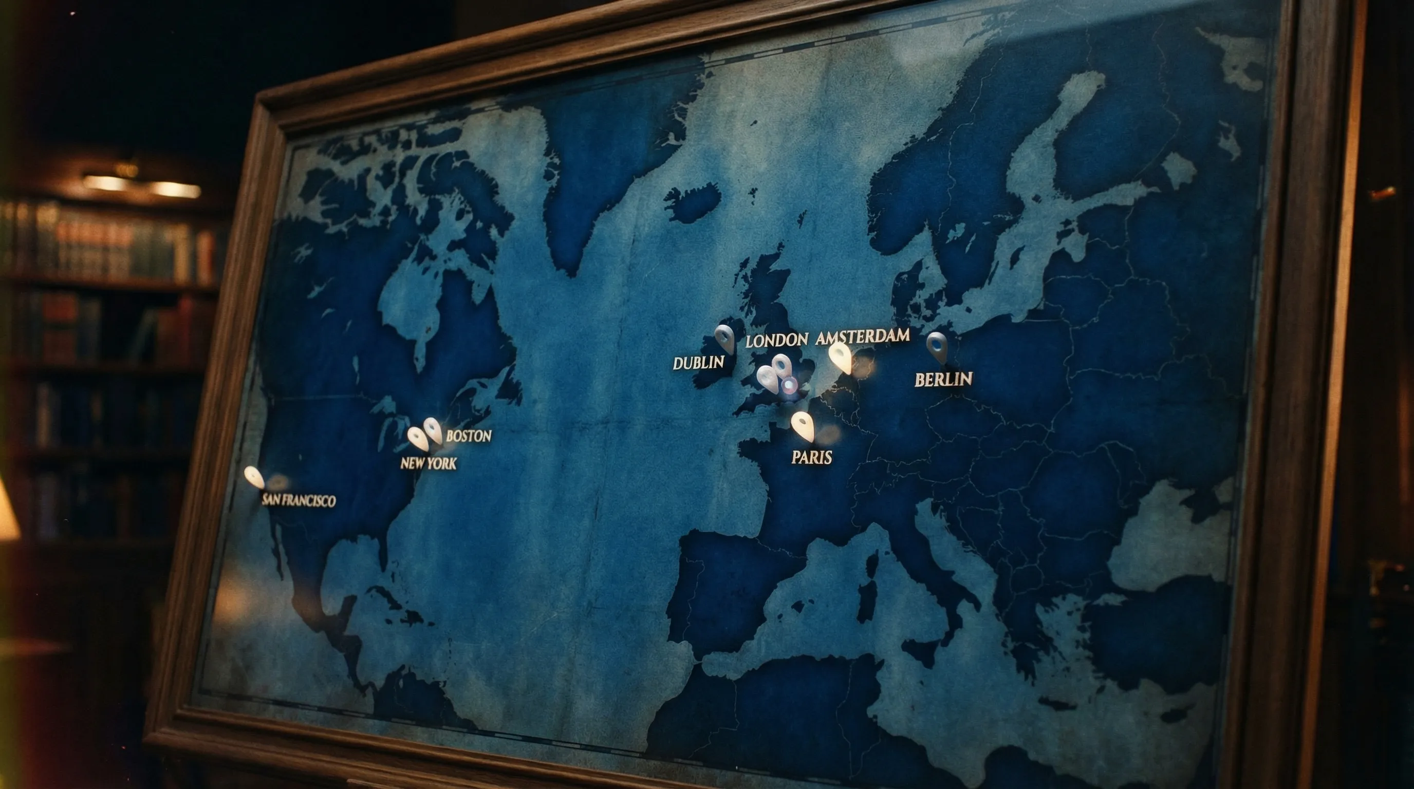 A map-style illustration of Europe, the UK, and the US with location pins representing clusters of target companies in major hubs like London, Amsterdam, Berlin, Paris, Dublin, New York, Boston, and San Francisco.