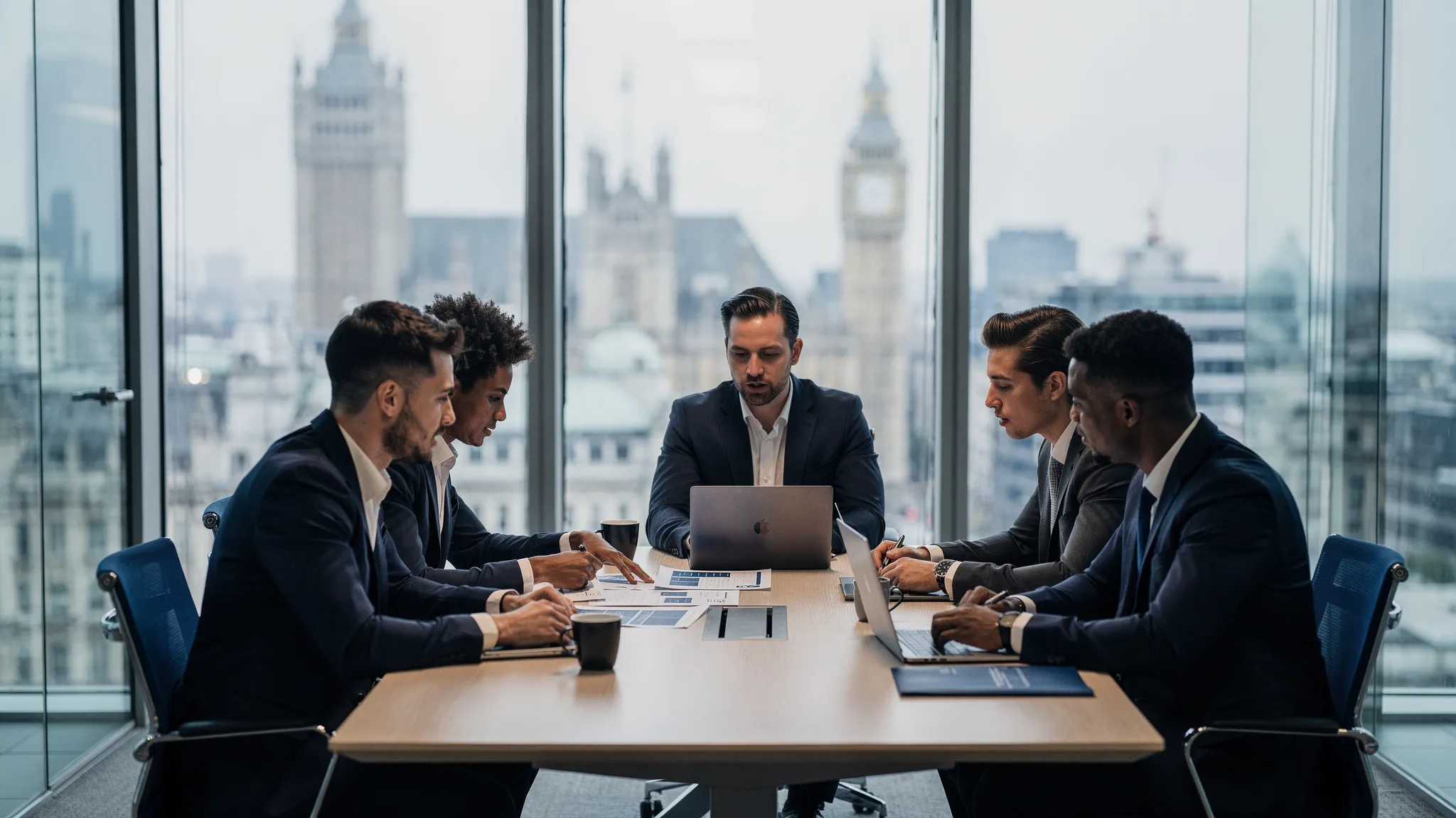 A modern London city office scene with a small group of professionals in business attire discussing hiring plans around a meeting table, with the London skyline visible through large windows.
