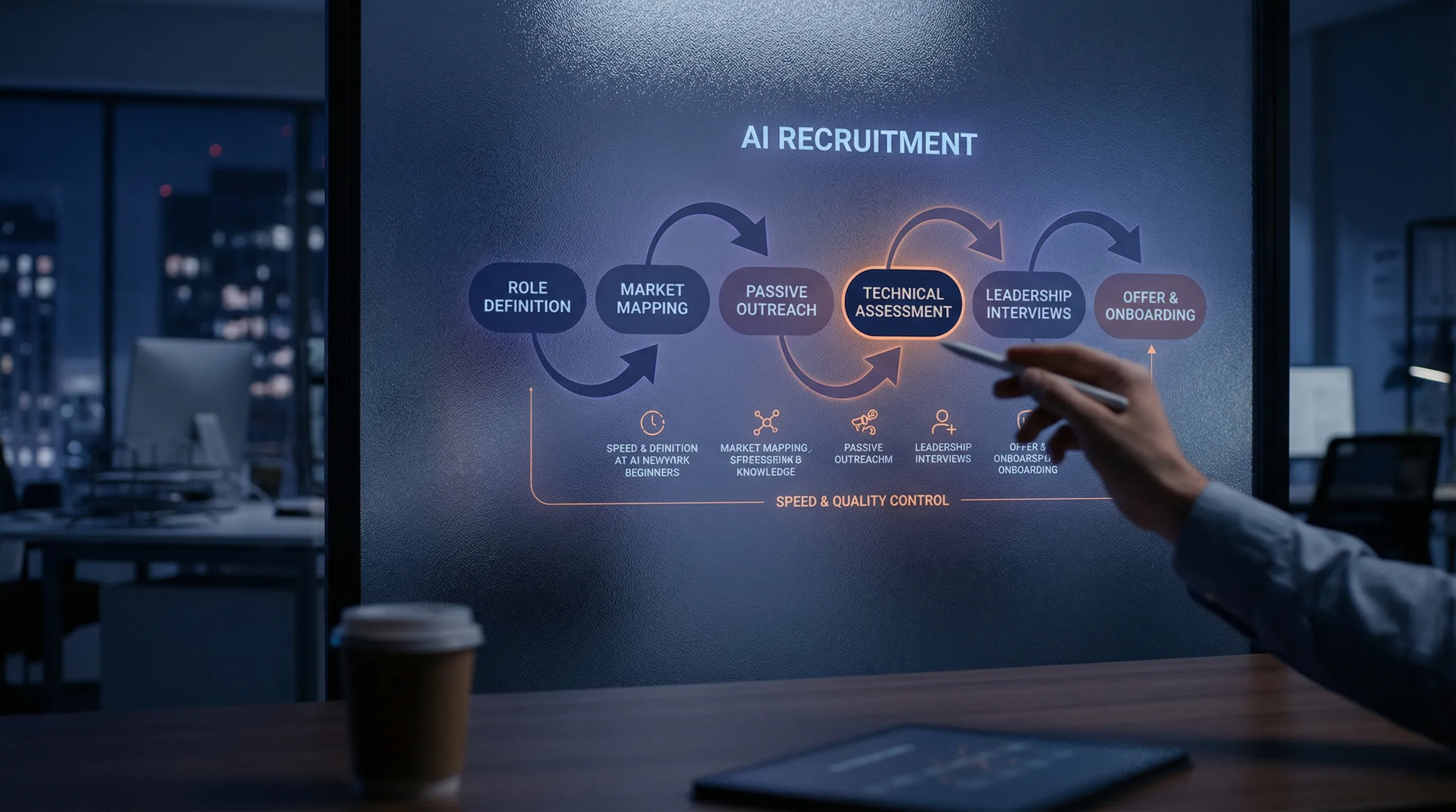 A simple hiring pipeline diagram showing stages for AI recruitment: role definition, market mapping, passive outreach, technical assessment, leadership interviews, offer and onboarding, with emphasis on speed and quality control.