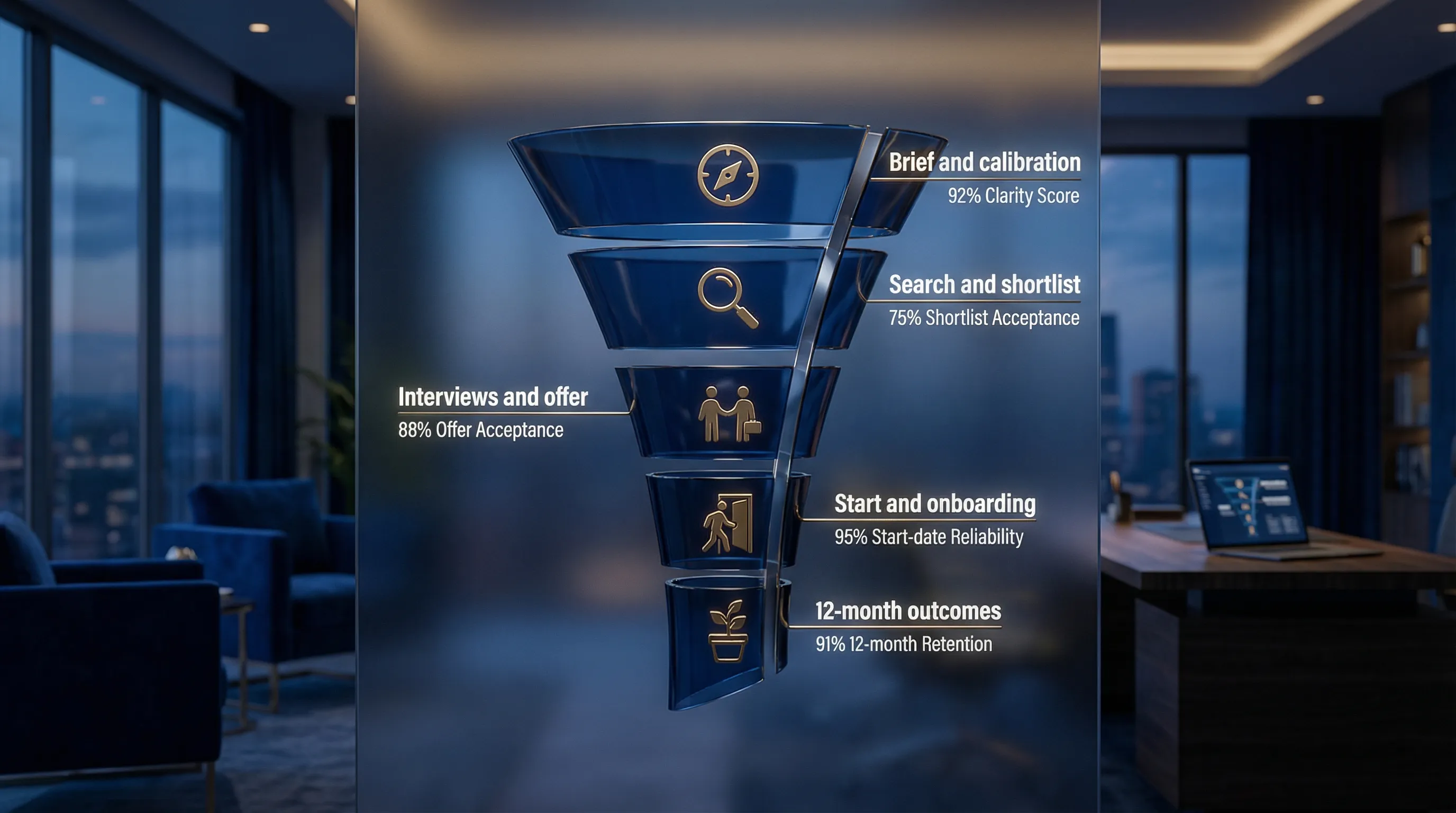 A simple hiring funnel diagram showing stages: Brief and calibration, Search and shortlist, Interviews and offer, Start and onboarding, 12-month outcomes. Each stage has one labelled metric, such as brief clarity score, shortlist acceptance rate, offer acceptance rate, start-date reliability, and 12-month retention.