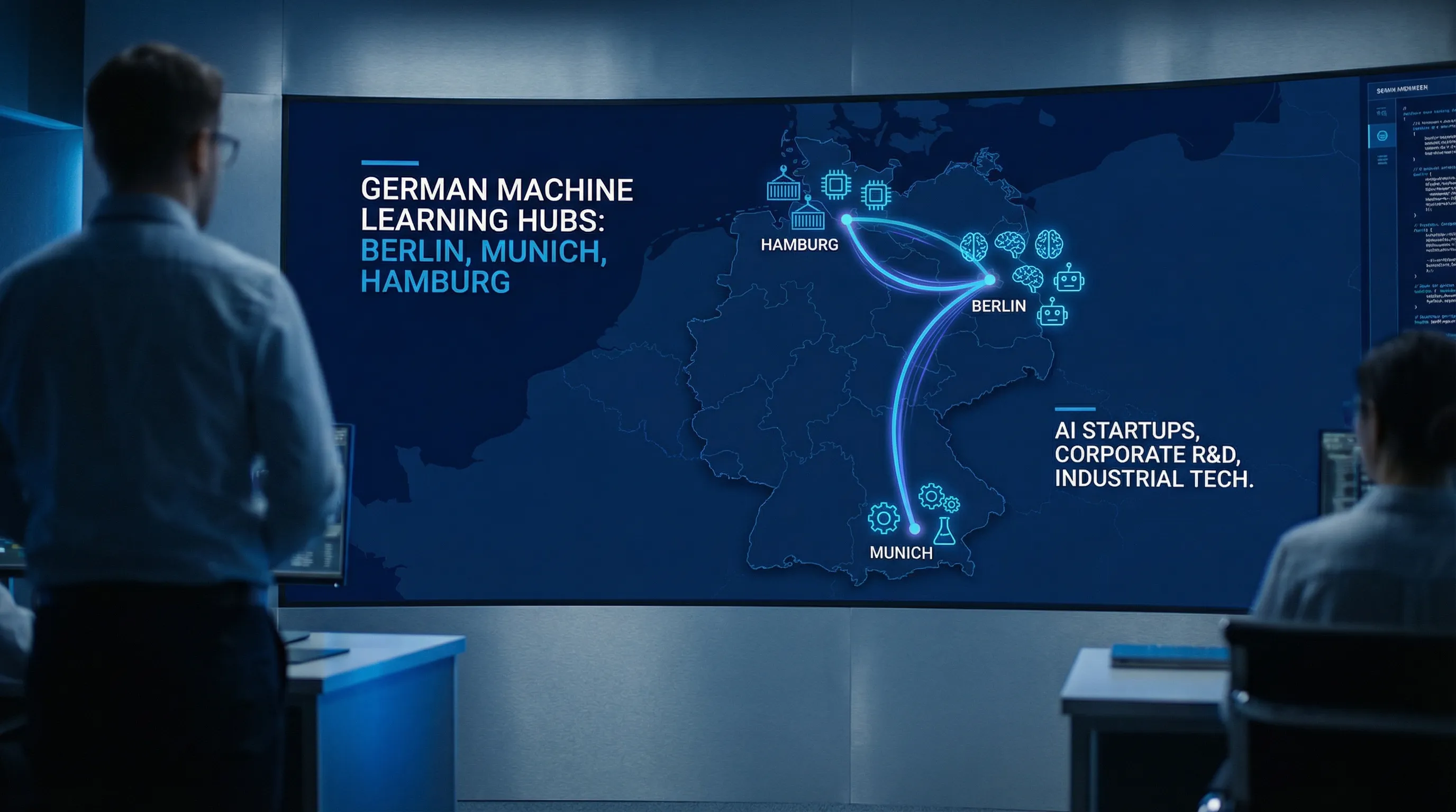 A simplified map of Germany highlighting Berlin, Munich, and Hamburg with small icons representing AI startups, corporate R&D labs, and logistics or industrial tech, showing these cities as major machine learning talent hubs.