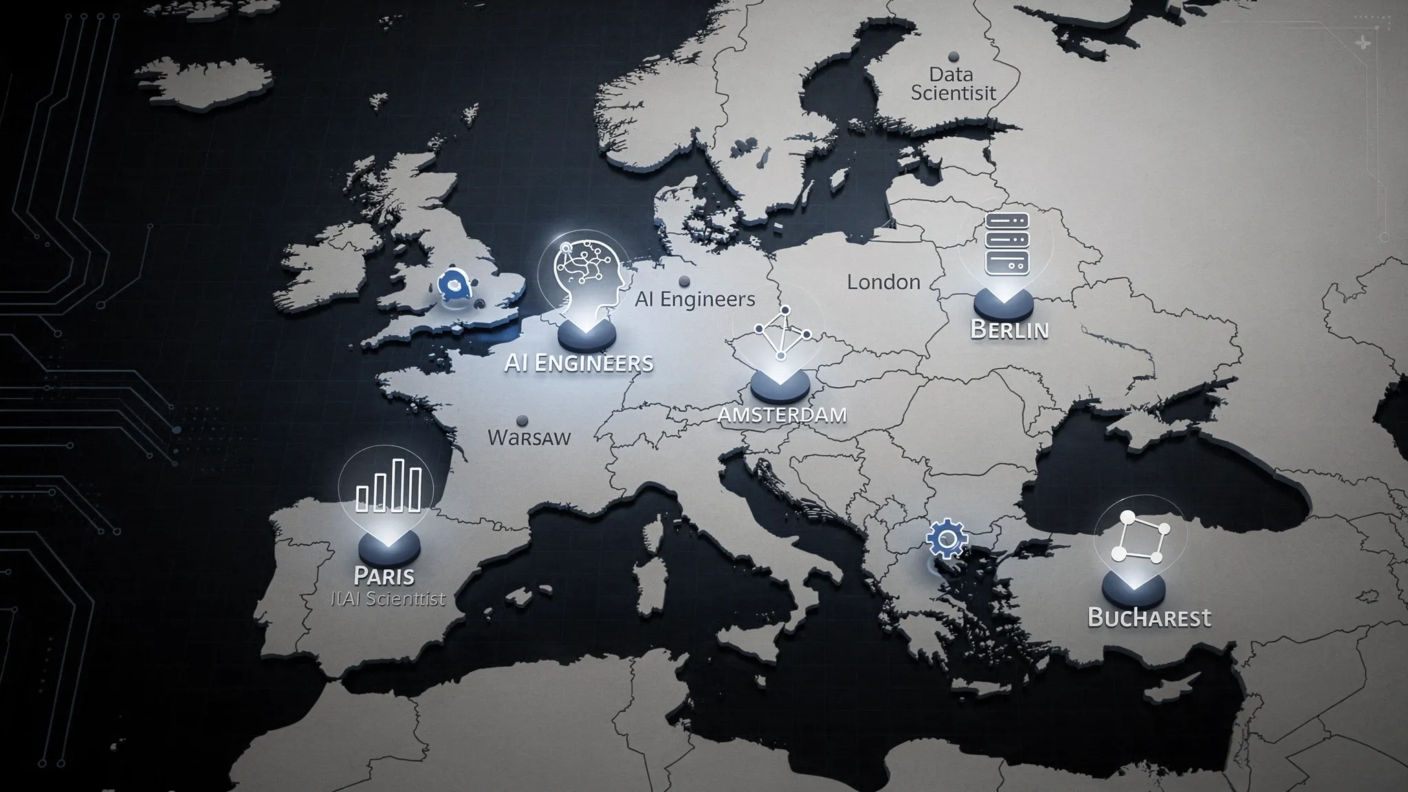 A stylised map of Europe highlighting key AI hiring hubs such as London, Berlin, Amsterdam, Paris, Warsaw, and Bucharest, with simple icons representing AI engineers, data scientists, and MLOps roles.