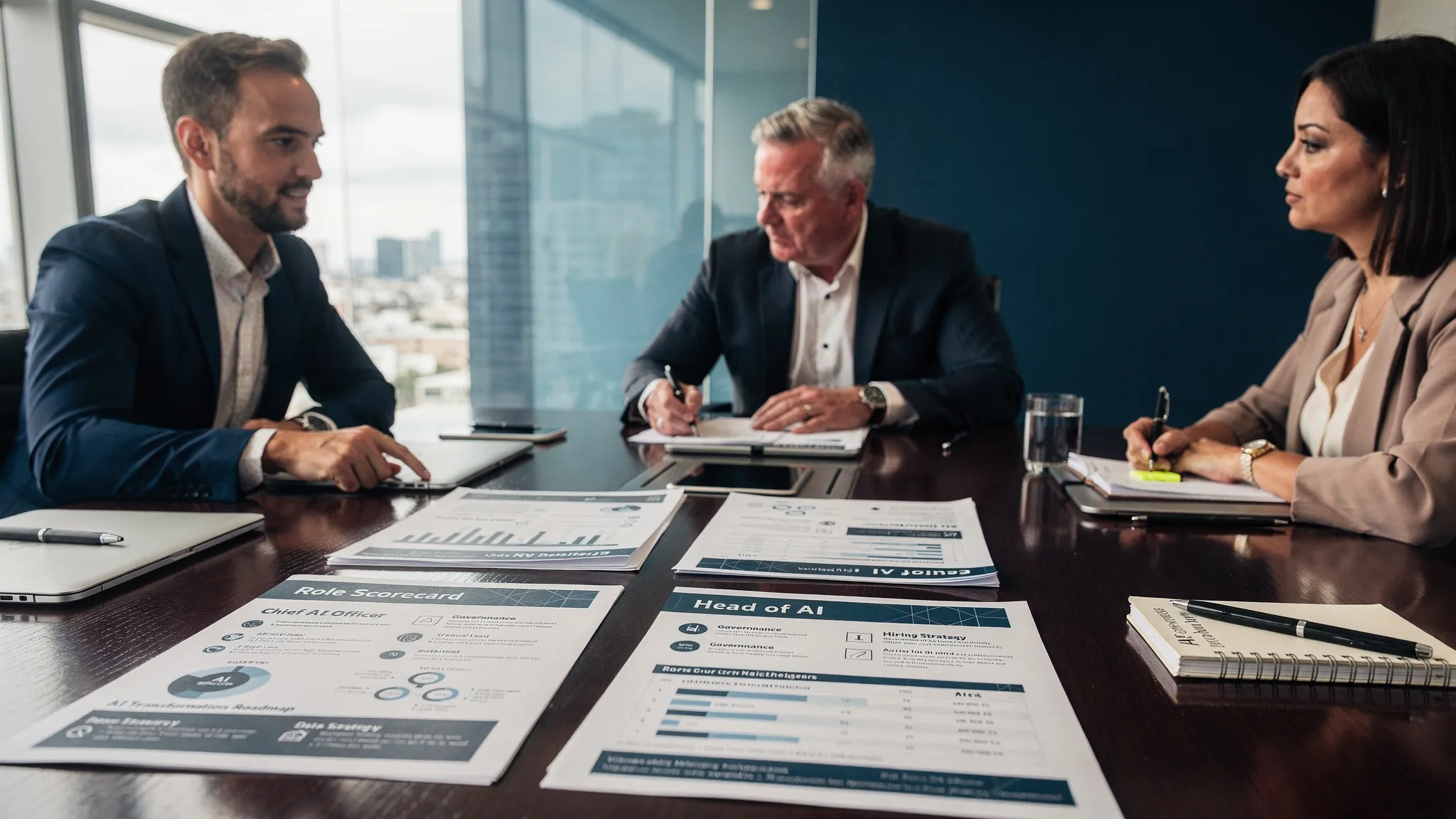 A boardroom meeting with a CEO, CTO, and HR director reviewing an AI transformation roadmap on printed documents. The table includes a role scorecard for Chief AI Officer and Head of AI, plus notes on governance, data strategy, and hiring timeline.