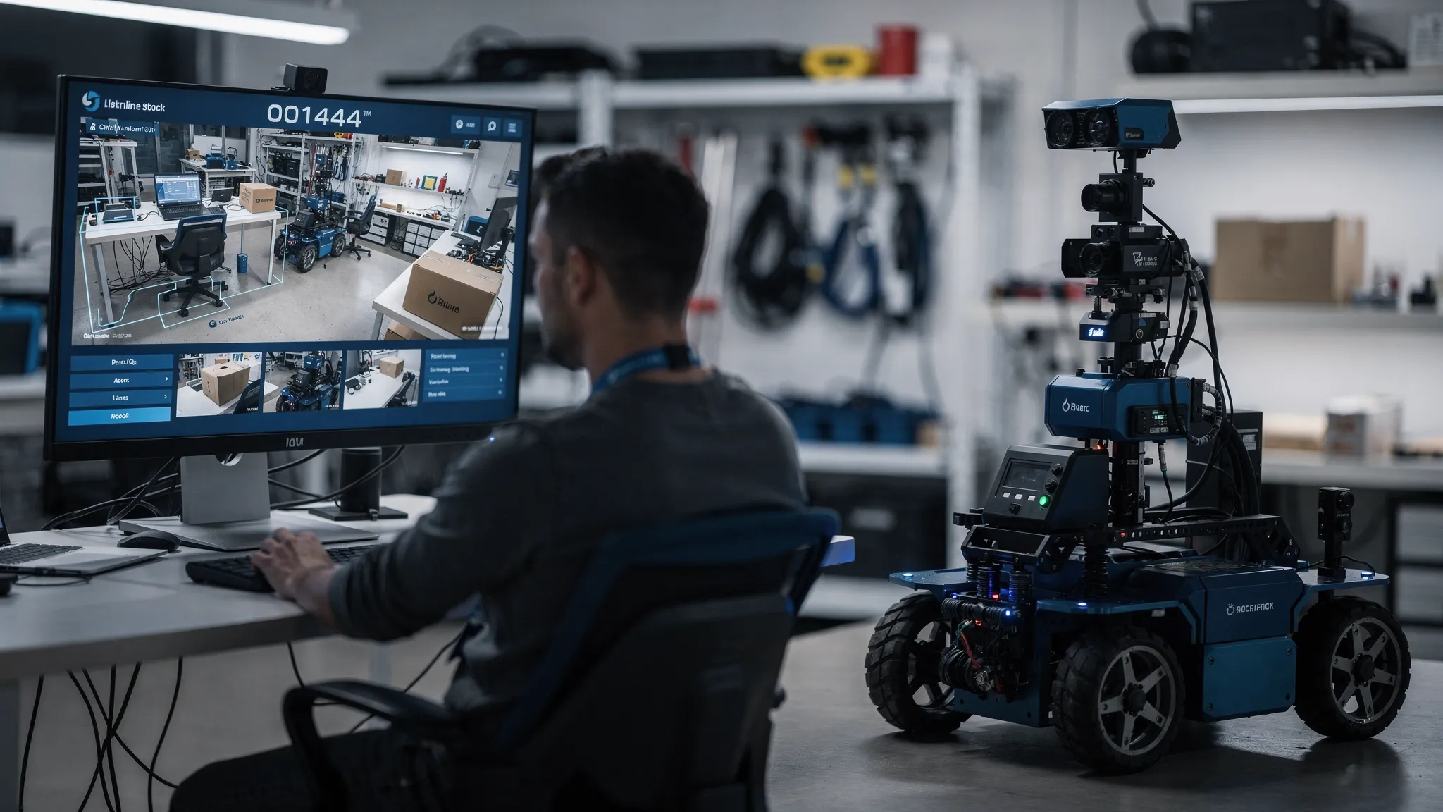 A computer vision engineer tests an object detection model on a robotics platform in a lab setting, with camera sensors mounted on the robot and a workstation showing bounding boxes over real-world objects.