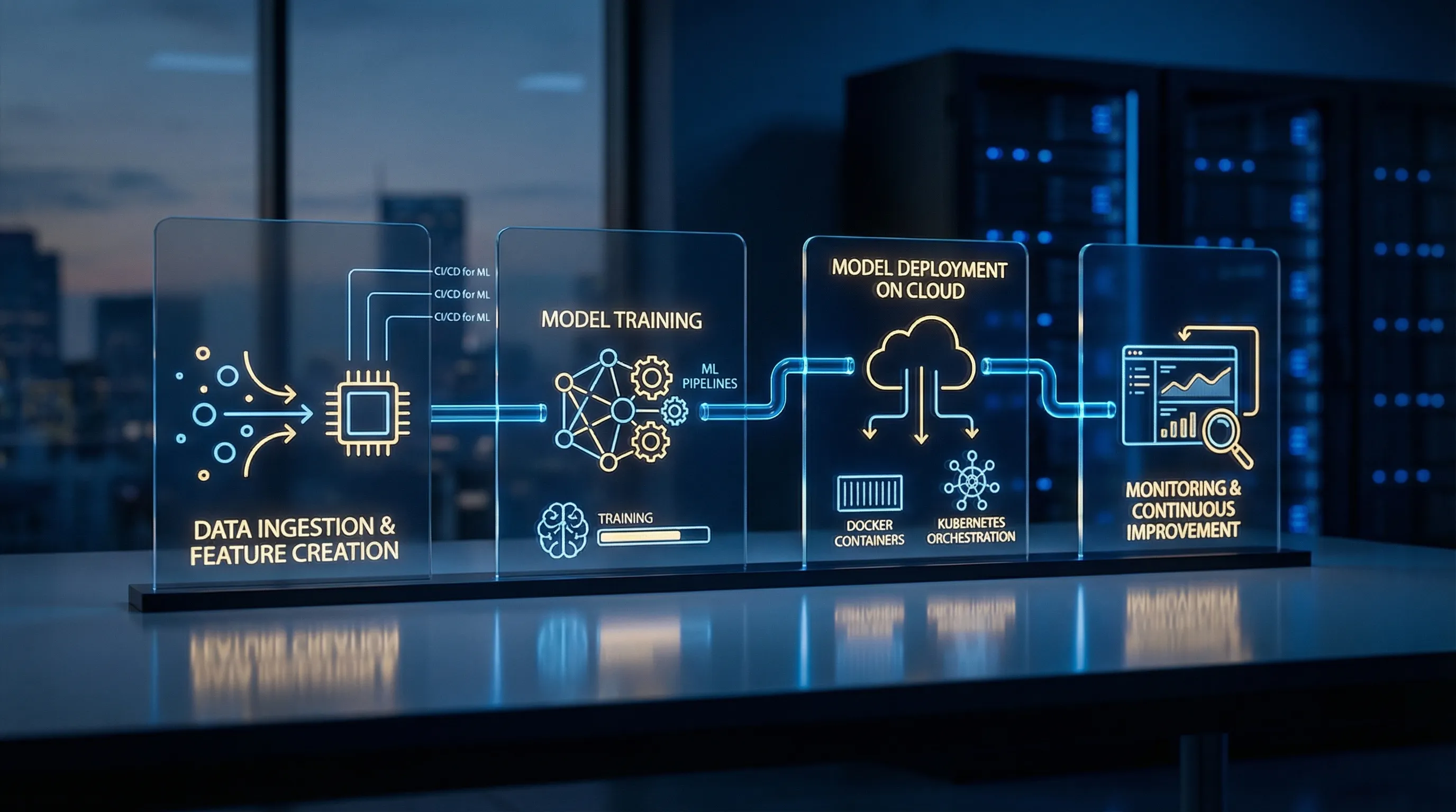 A simple four-stage diagram of the MLOps lifecycle showing data ingestion and feature creation flowing into model training, then model deployment on cloud infrastructure, followed by monitoring and continuous improvement, with labels for CI/CD for ML, ML pipelines, Docker containers, and Kubernetes orchestration.