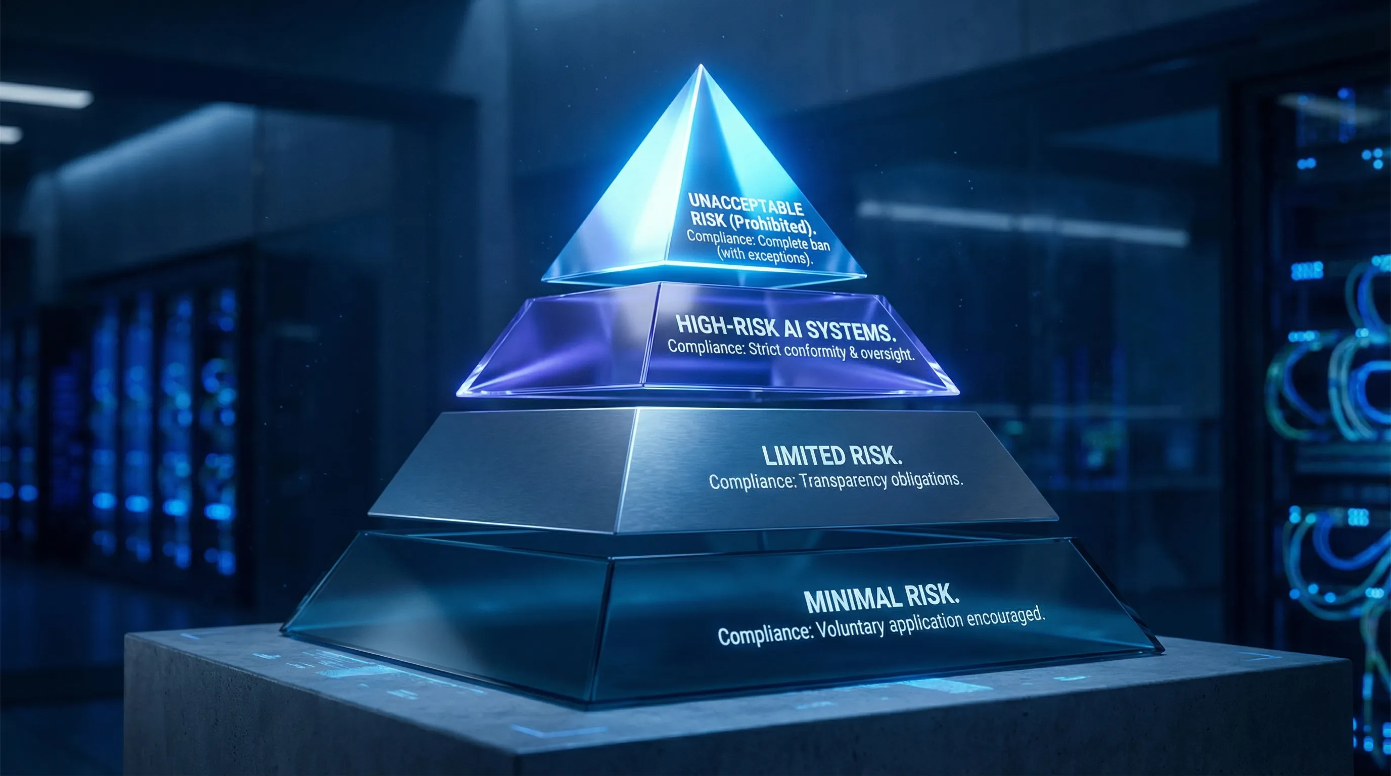 A simple four-level pyramid diagram showing the EU AI Act risk tiers from bottom to top: Minimal risk, Limited risk, High-risk AI systems, and Unacceptable risk (prohibited). Each tier has a short label describing how compliance requirements increase with risk.