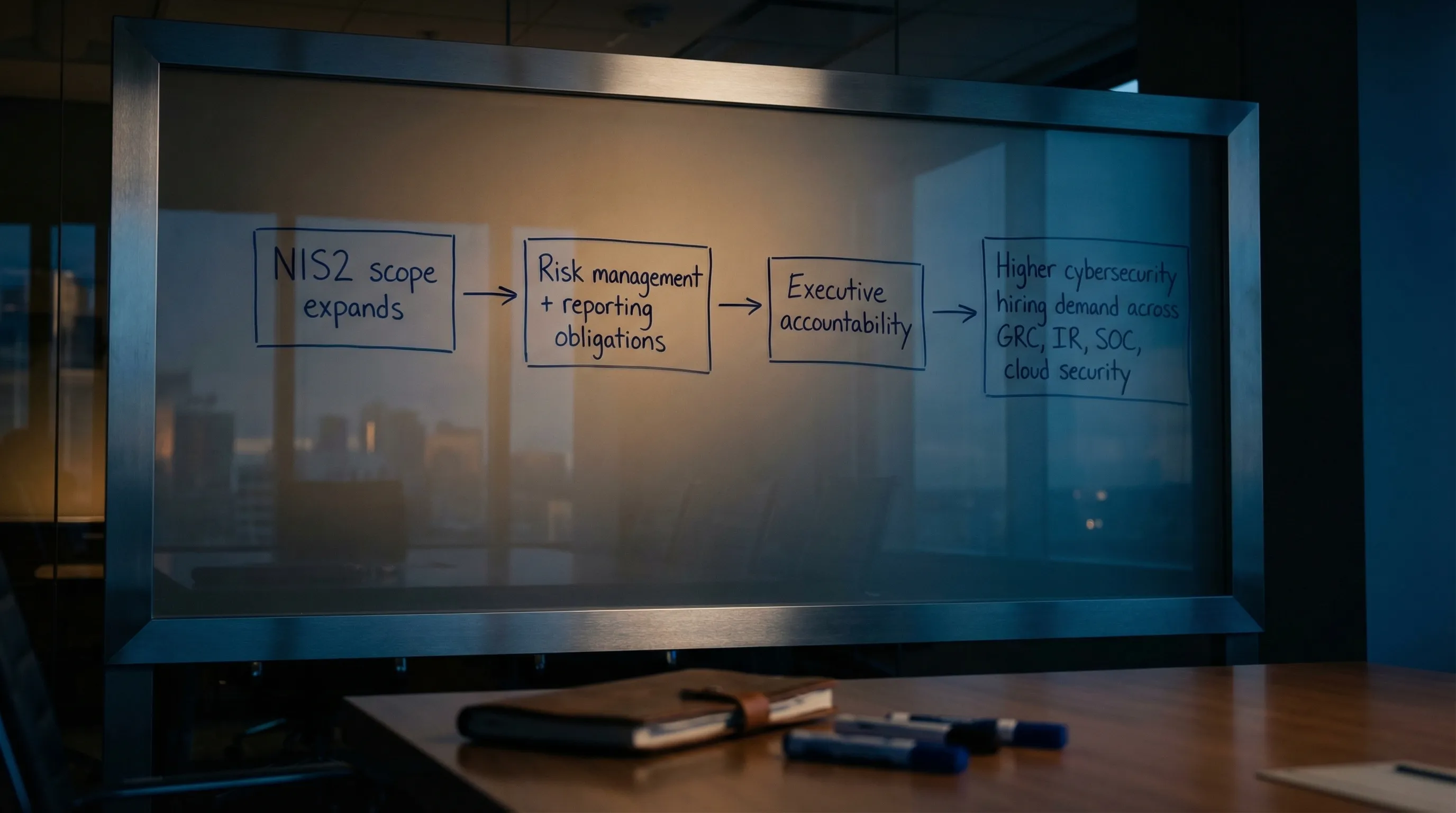 Un schéma simple montrant quatre encadrés reliés de gauche à droite : « Le périmètre NIS2 s’élargit » → « Obligations de gestion des risques + reporting » → « Responsabilité des dirigeants » → « Hausse de la demande de recrutements en cybersécurité (GRC, réponse à incident, SOC, sécurité cloud) ».
