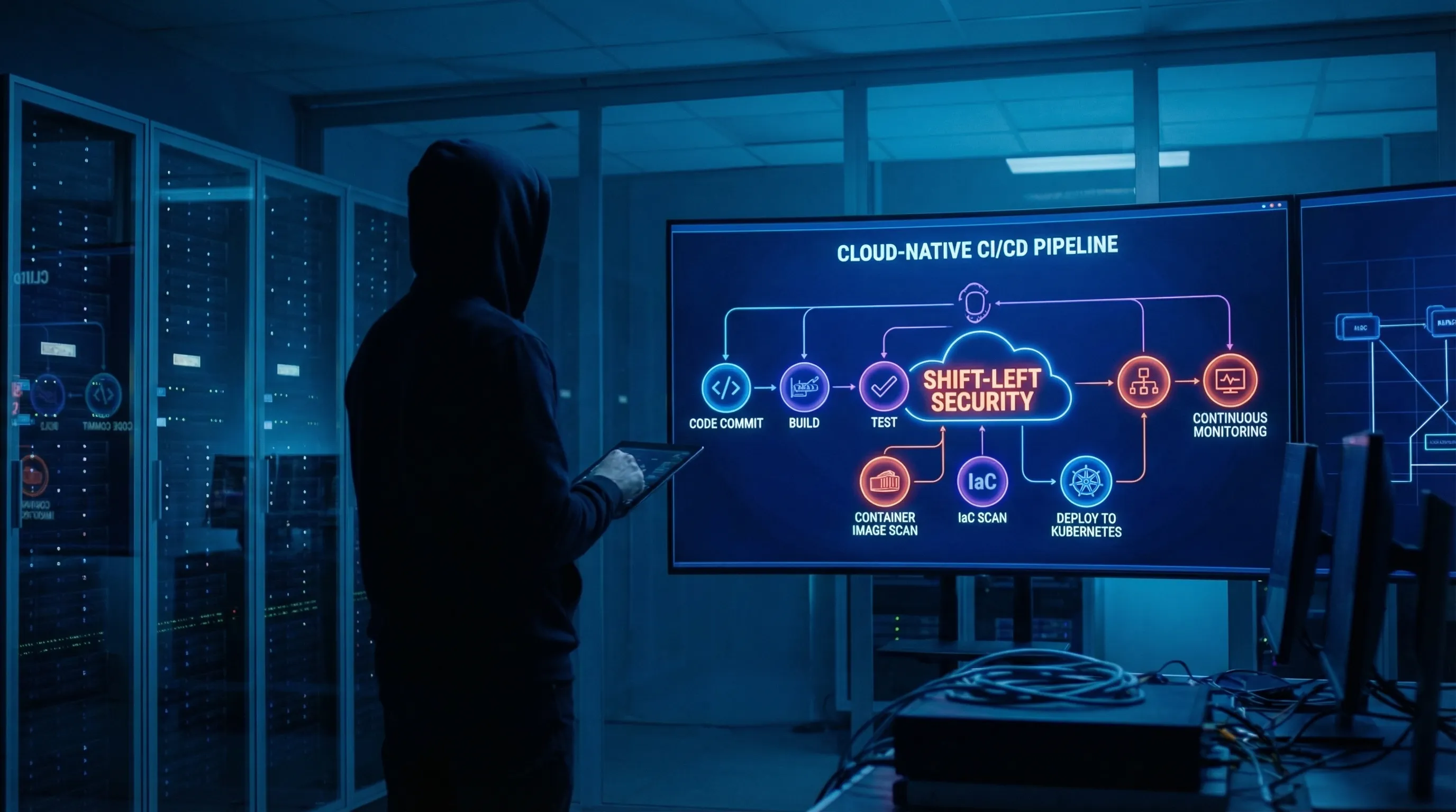 A cloud-native CI/CD pipeline diagram showing code commit to build, test, container image scan, IaC scan, deploy to Kubernetes, and continuous monitoring, with “shift-left security” controls highlighted at each stage.