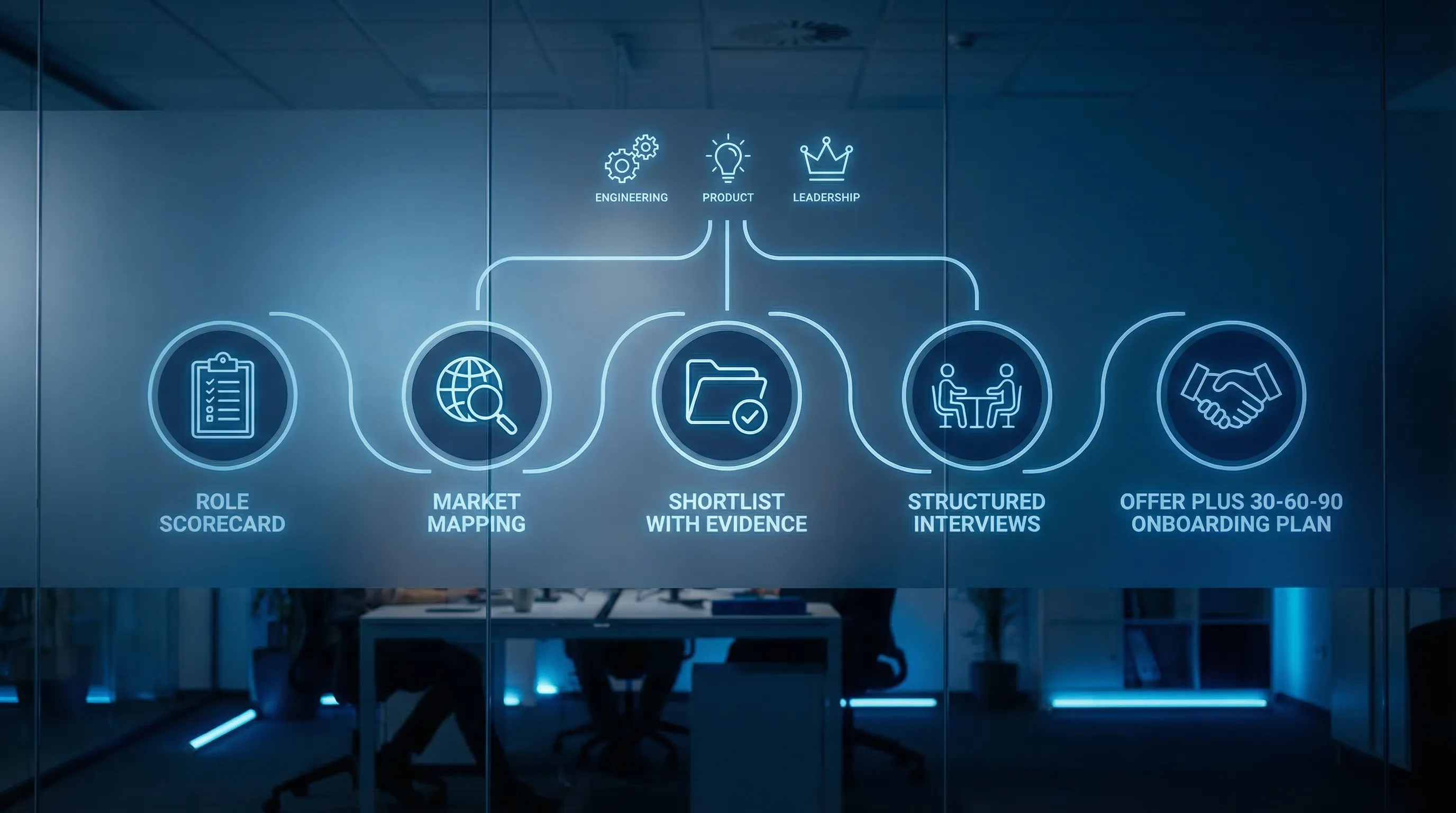 Schéma simple d’un pipeline de recrutement pour une entreprise SaaS européenne, montrant cinq étapes : scorecard du poste, market mapping, shortlist avec preuves, entretiens structurés, et offre + plan d’onboarding 30-60-90. Le schéma inclut de petites icônes pour les recrutements engineering, produit et leadership.