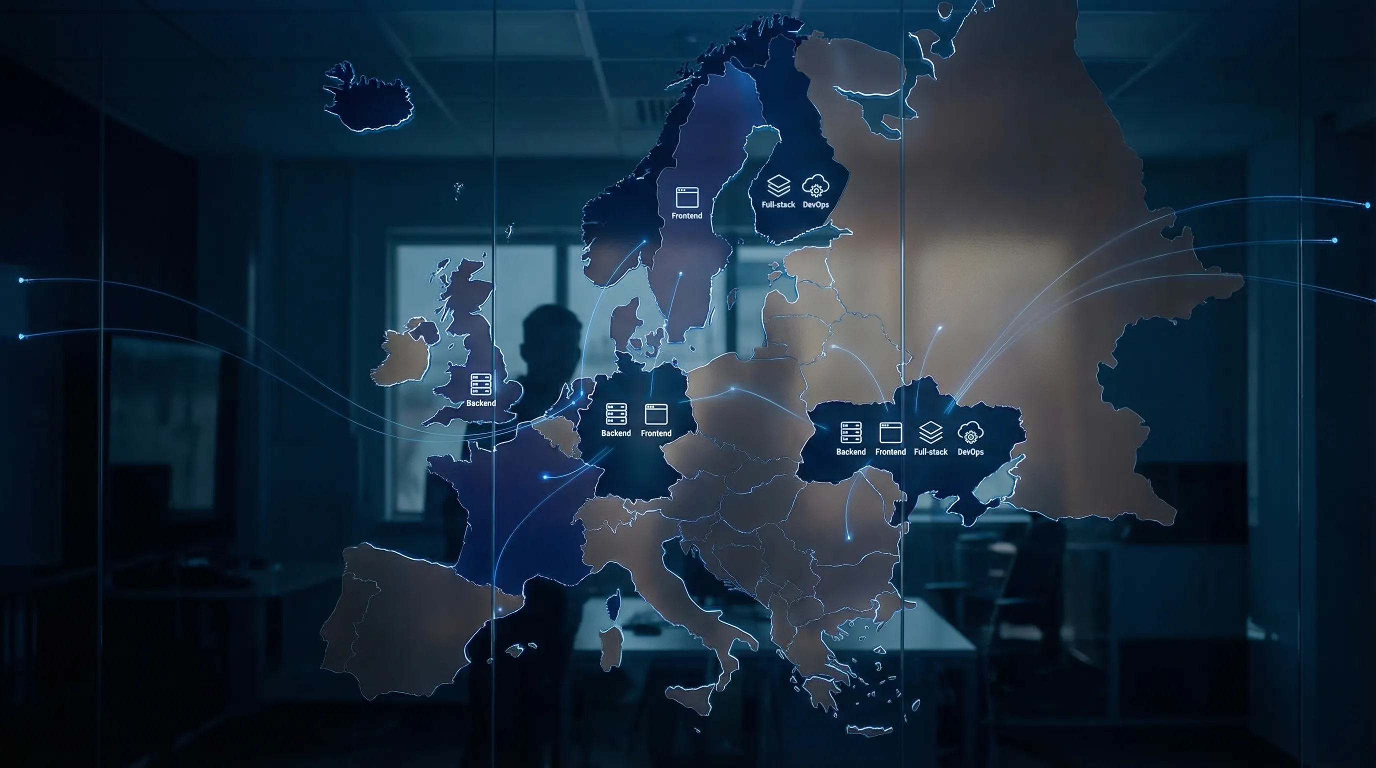 A simplified map of Europe highlighting key SaaS developer hubs (Germany, Netherlands, United Kingdom, Eastern Europe, Nordics) with icons for backend, frontend, full-stack, and DevOps skills, plus subtle lines indicating cross-border and remote hiring flows.