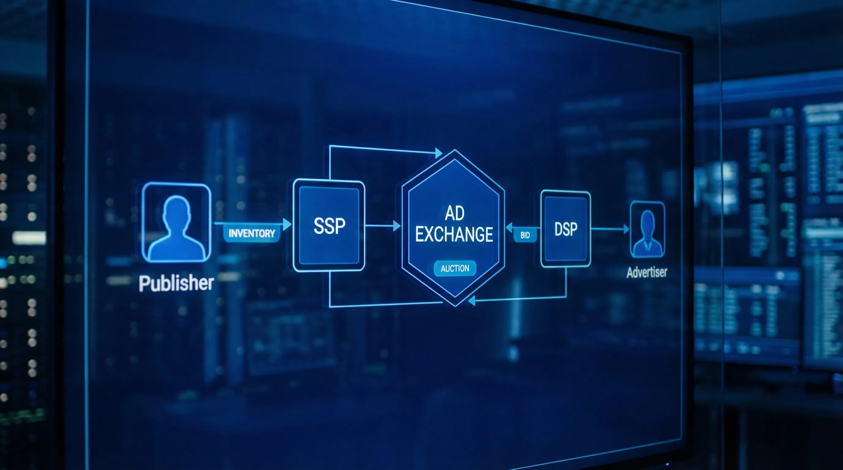 Illustration simplifiée de l’écosystème AdTech montrant un éditeur côté offre connecté à une SSP, puis à une ad exchange, puis à une DSP côté demande, pour finir sur un annonceur. De petites étiquettes indiquent « inventaire », « enchère » et « offre » afin de visualiser le flux.