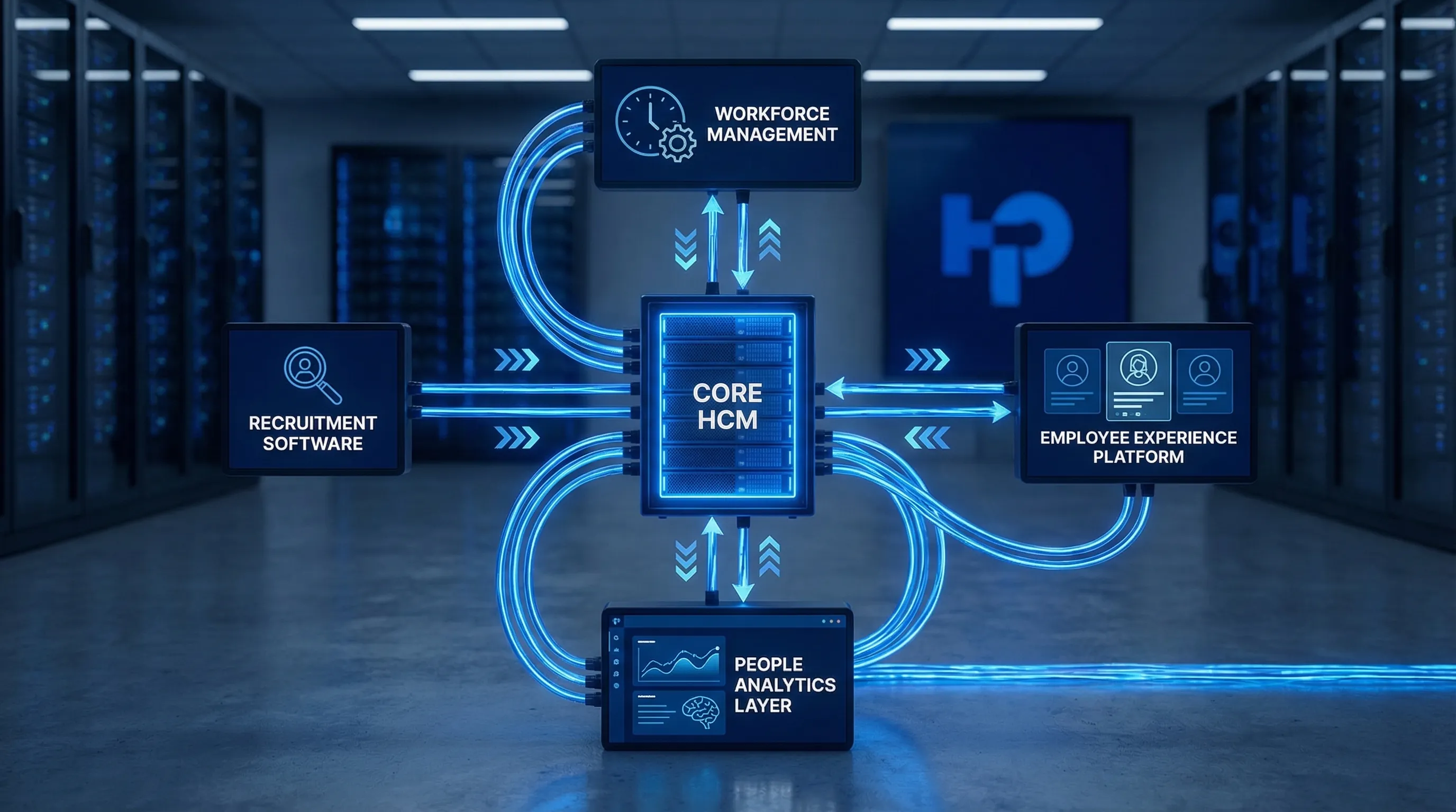 Un schéma simple d’une stack technologique RH montrant le HCM au centre connecté au logiciel de recrutement, à la gestion des effectifs, à la plateforme d’expérience collaborateur et à une couche de people analytics, avec des flèches indiquant les intégrations de données et d’API.