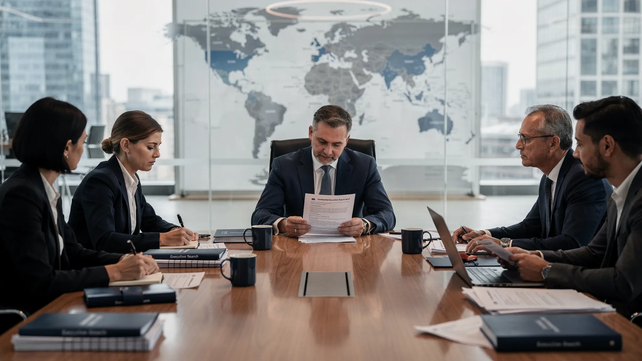 Ein Boardroom-Meeting mit CEO, HR Director und Technologie-Führungskräften, die ein vertrauliches Executive-Search-Briefing besprechen. Auf dem Tisch liegen Unterlagen und Notizbücher, an der Wand ist eine Weltkarte zu sehen – als Hinweis auf grenzüberschreitendes Hiring in Europa.