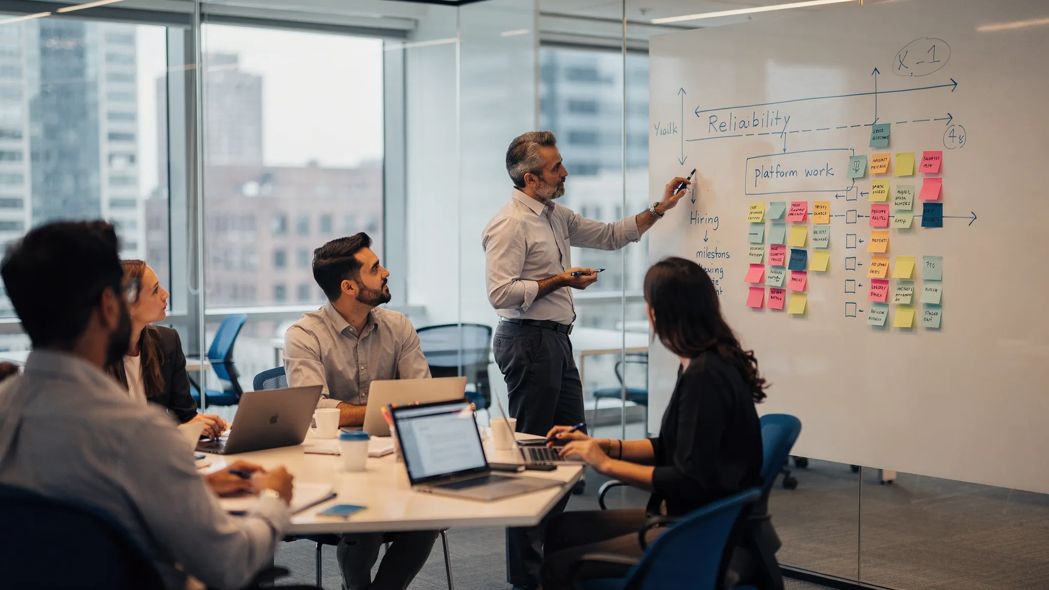 Une équipe de leadership en ingénierie dans un espace de réunion moderne, examinant une roadmap produit sur un tableau blanc, avec des post-its représentant des priorités comme la fiabilité, le travail plateforme, le recrutement et des jalons de livraison.