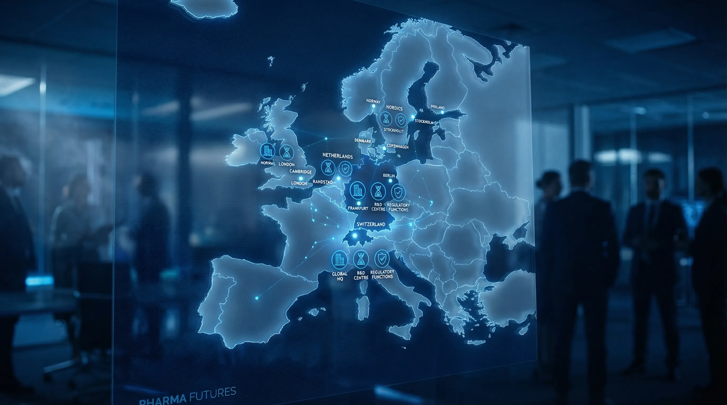 Une carte simplifiée de l’Europe mettant en évidence des hubs clés de leadership pharma en Suisse, en Allemagne, au Royaume‑Uni, aux Pays‑Bas et dans les pays nordiques, avec de petites icônes représentant des sièges, des centres R&D et des fonctions réglementaires.