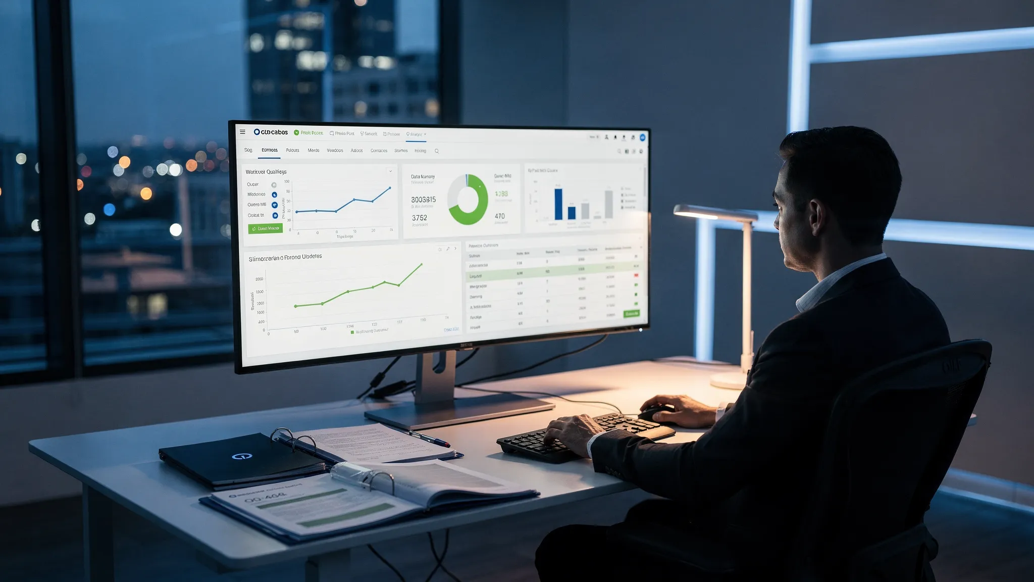 Eine Fachkraft im Clinical Data Management prüft ein Electronic-Data-Capture-Dashboard in einem modernen Büro; auf einem Monitor sind anonymisierte Studiendaten-Visualisierungen zu sehen, auf dem Schreibtisch liegen regulatorische Dokumente – das vermittelt Datenqualität und Compliance in klinischen Studien.