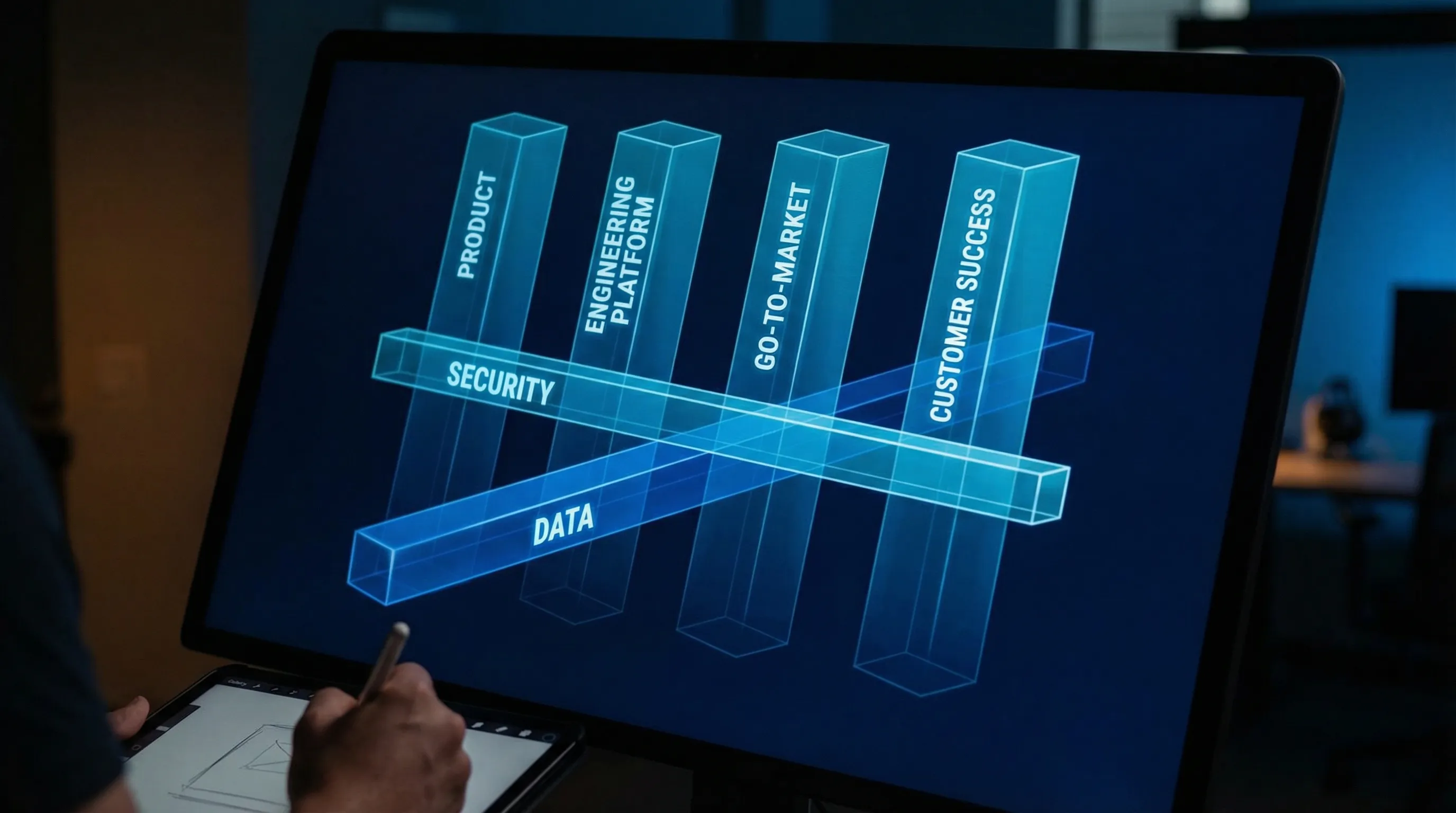 A simple diagram showing four pillars of a SaaS platform organisation: Product, Engineering Platform, Go-to-Market, and Customer Success, with Security and Data as cross-cutting functions connecting all four.