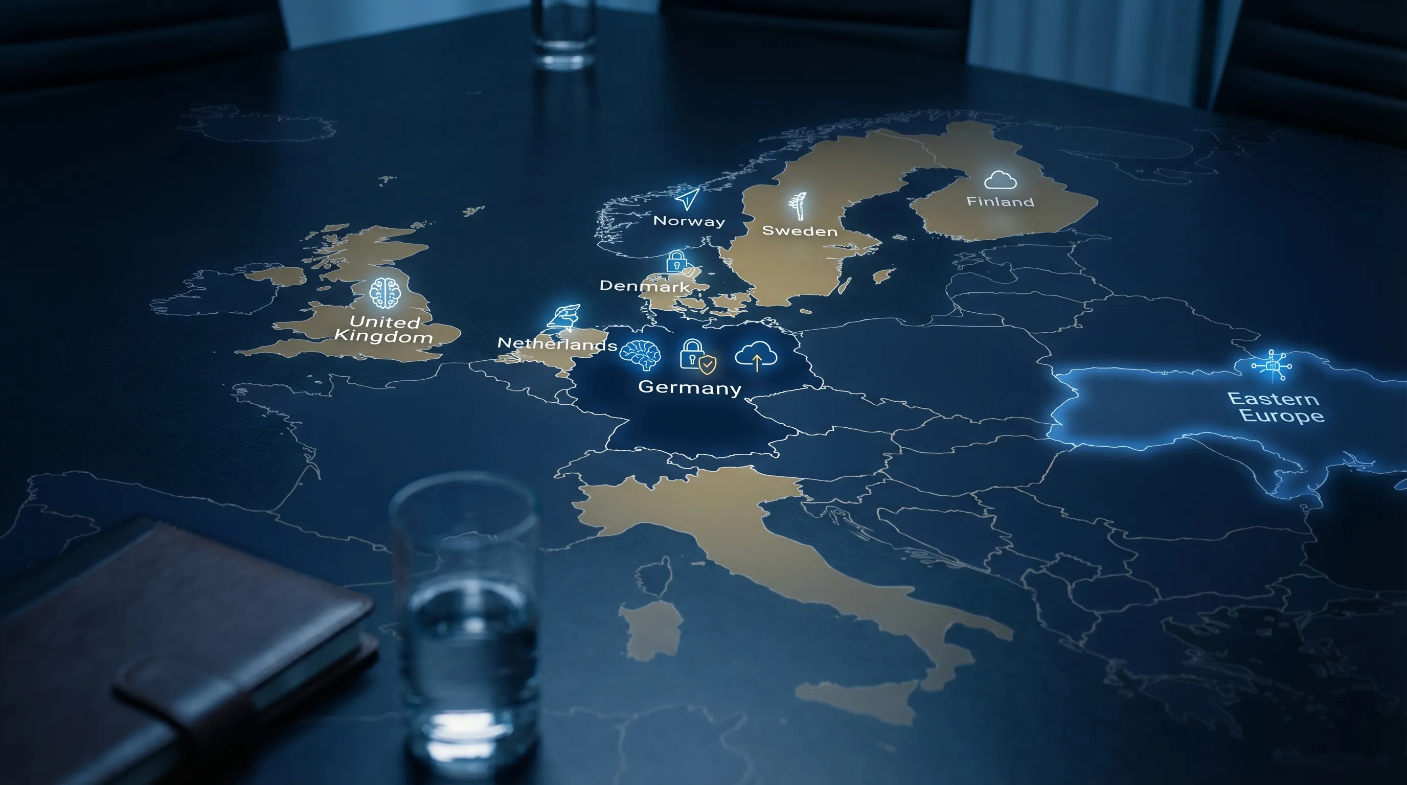 Eine vereinfachte Karte Europas, die Deutschland, das Vereinigte Königreich, die Niederlande, die nordischen Länder und Osteuropa hervorhebt. Jede Region hat kleine Symbole für KI/ML, Cybersicherheit und Cloud, um zu zeigen, wo Engpässe am stärksten sind.