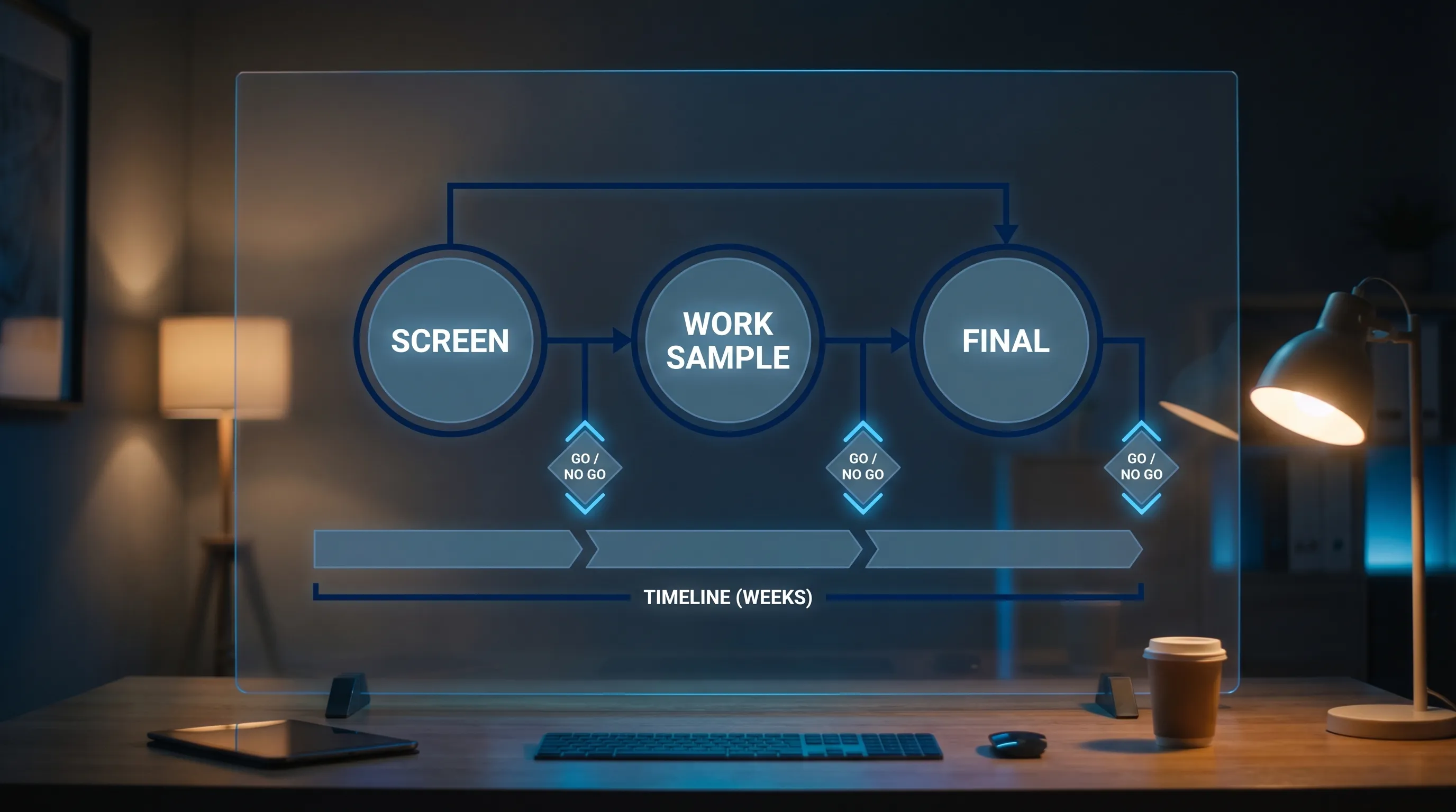 Ein einfaches Hiring-Pipeline-Diagramm mit drei Stufen (Screening, Arbeitsprobe, Final) sowie verkürzter Timeline und Entscheidungs-Checkpoints.