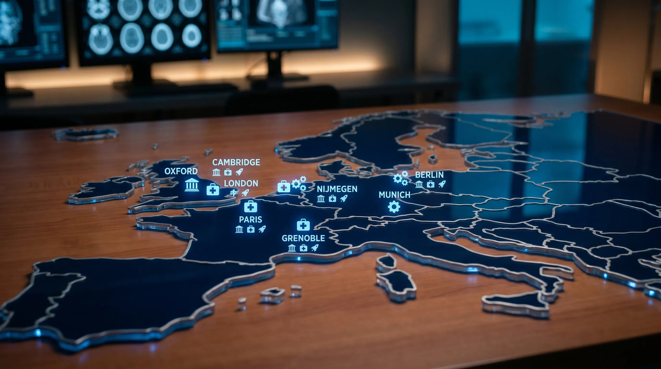 Une carte simplifiée de l’Europe mettant en évidence les principaux hubs de recrutement en IA d’imagerie médicale, notamment Oxford, Cambridge, Londres, Munich, Berlin, Amsterdam, Nimègue, Paris et Grenoble, avec de petites icônes représentant des hôpitaux, des universités et des startups.