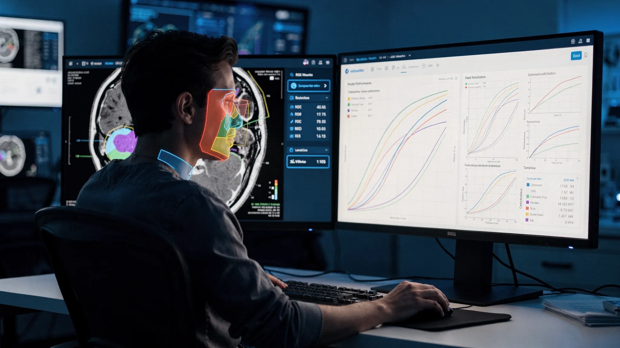 Un ingénieur en vision par ordinateur examinant une superposition de segmentation sur une image médicale en niveaux de gris, avec des masques colorés mettant en évidence l’anatomie et les lésions, et un second panneau affichant des métriques de performance du modèle et des courbes de calibration.