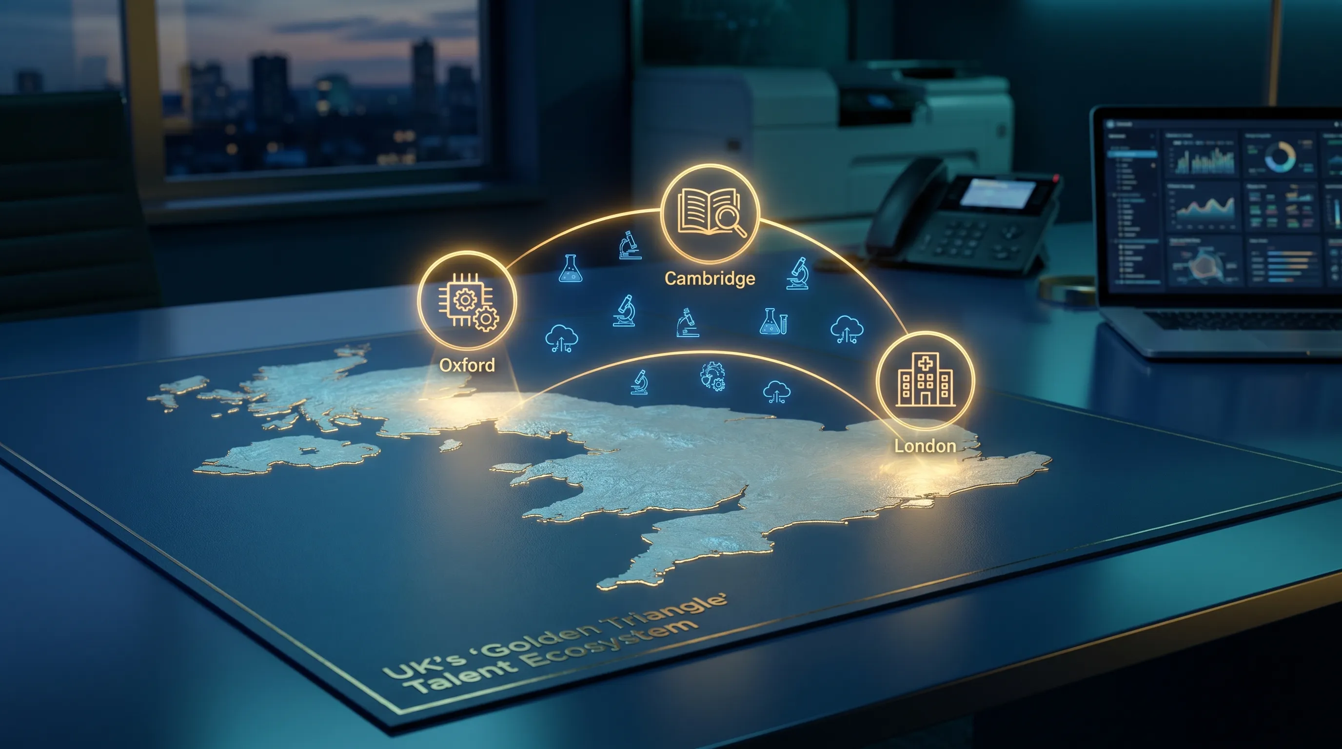 A UK map highlighting London, Cambridge, and Oxford with icons for hospitals, universities, and AI labs, showing the “Golden Triangle” talent ecosystem for medical imaging startups.