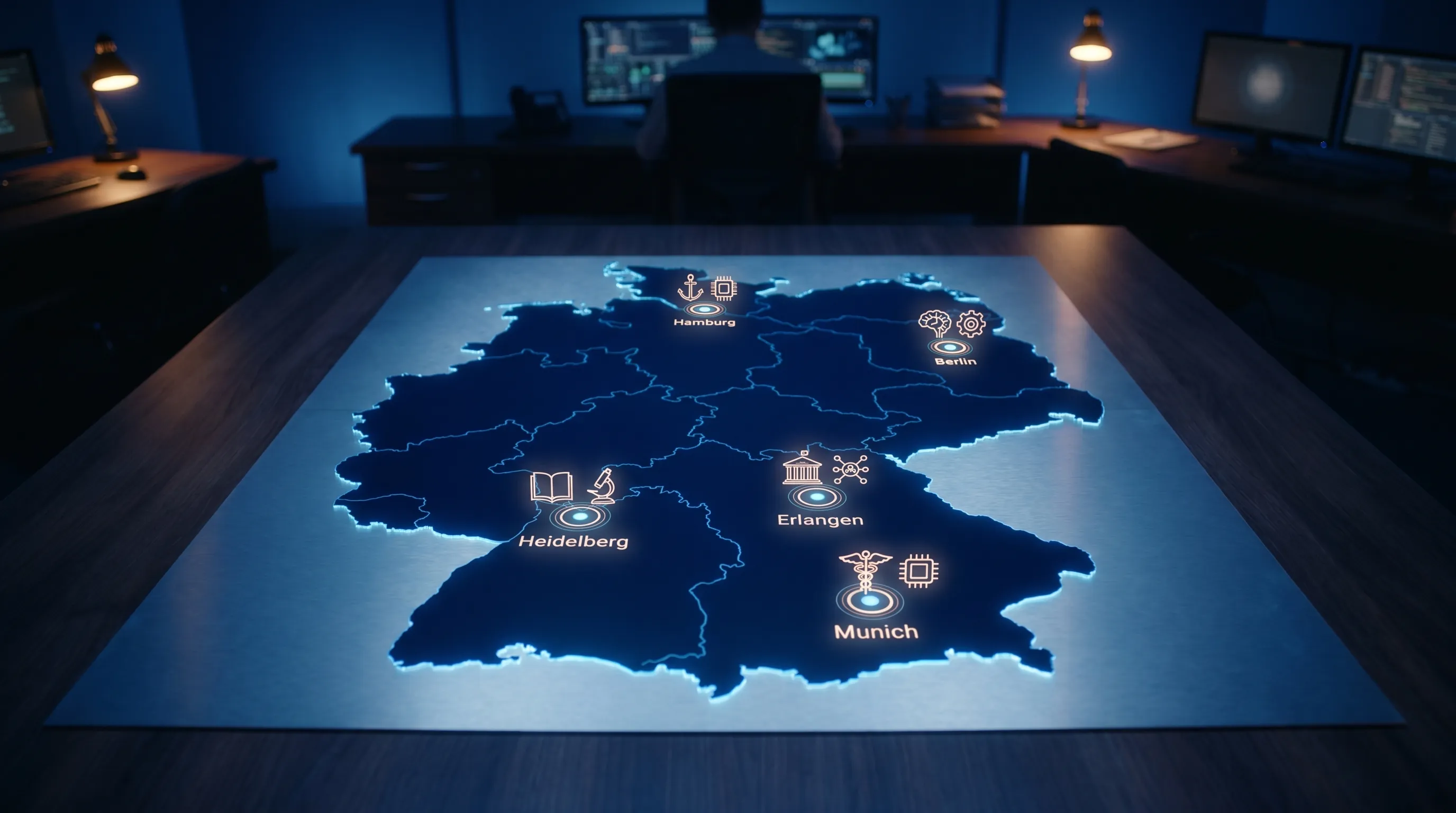 A simplified map of Germany highlighting Munich, Berlin, Heidelberg, Hamburg and Erlangen with small icons representing medtech, AI startups and research universities.