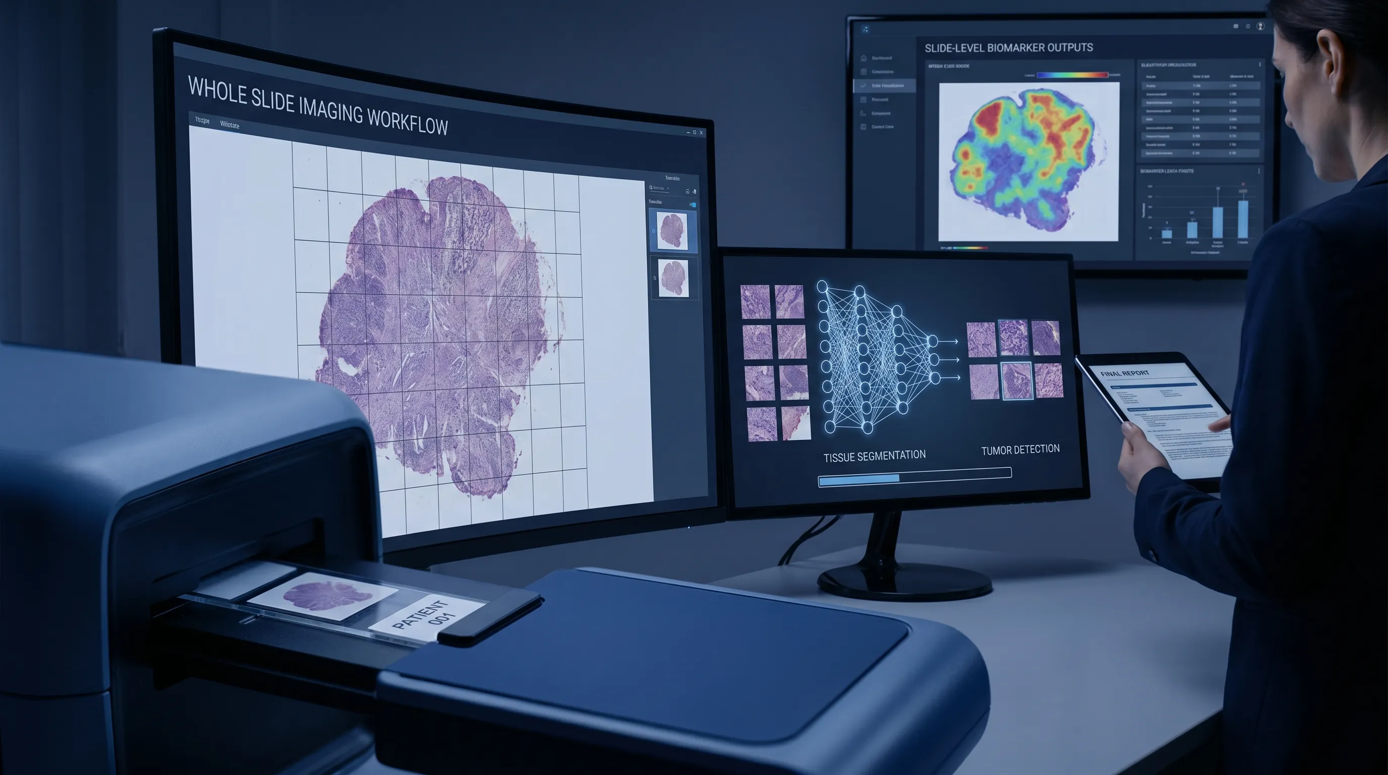 Workflow de haut niveau de l’imagerie de lames entières pour la pathologie computationnelle : une lame de verre numérisée en image de lame entière gigapixel, découpée en patches, traitée par un modèle de deep learning pour la segmentation tissulaire et la détection de tumeurs, puis agrégée en carte thermique au niveau de la lame et en sorties quantitatives de biomarqueurs utilisées par un pathologiste.