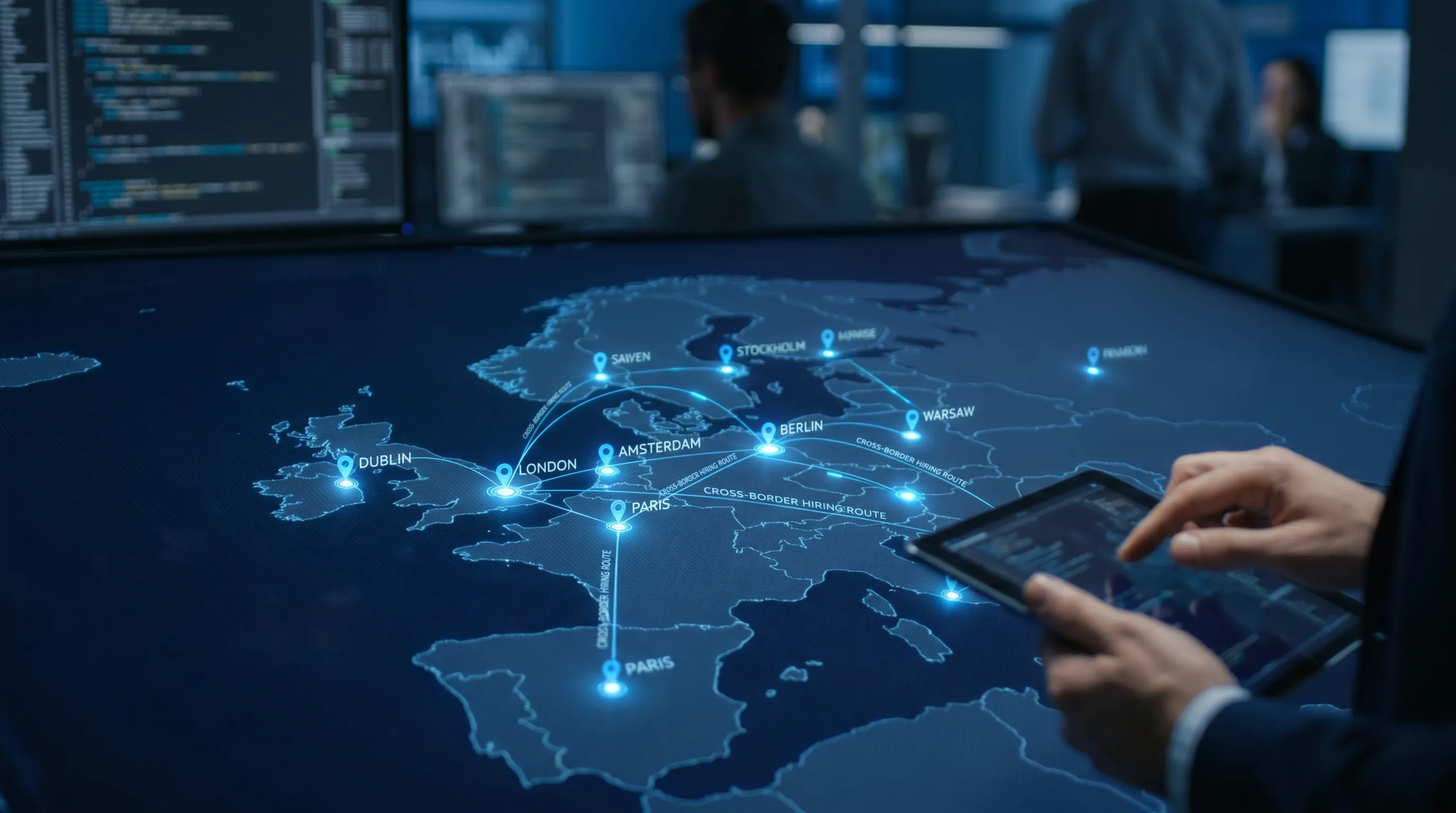 Carte de l’Europe mettant en avant les principaux hubs de talents technologiques comme Londres, Berlin, Amsterdam, Paris, Stockholm, Varsovie et Dublin, avec des lignes reliant les routes de recrutement transfrontalières pour les entreprises technologiques en croissance.