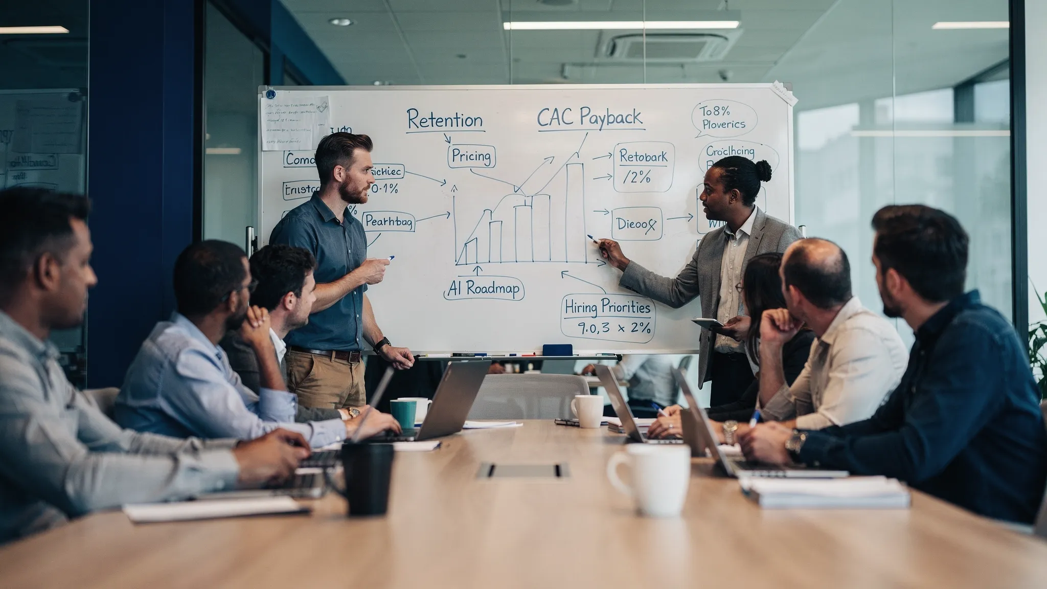 Ein Führungsteam sitzt an einem Besprechungstisch und prüft SaaS-Wachstumskennzahlen auf einem Whiteboard, darunter Kundenbindung, CAC-Amortisation, Pricing, KI-Roadmap und Einstellungsprioritäten.