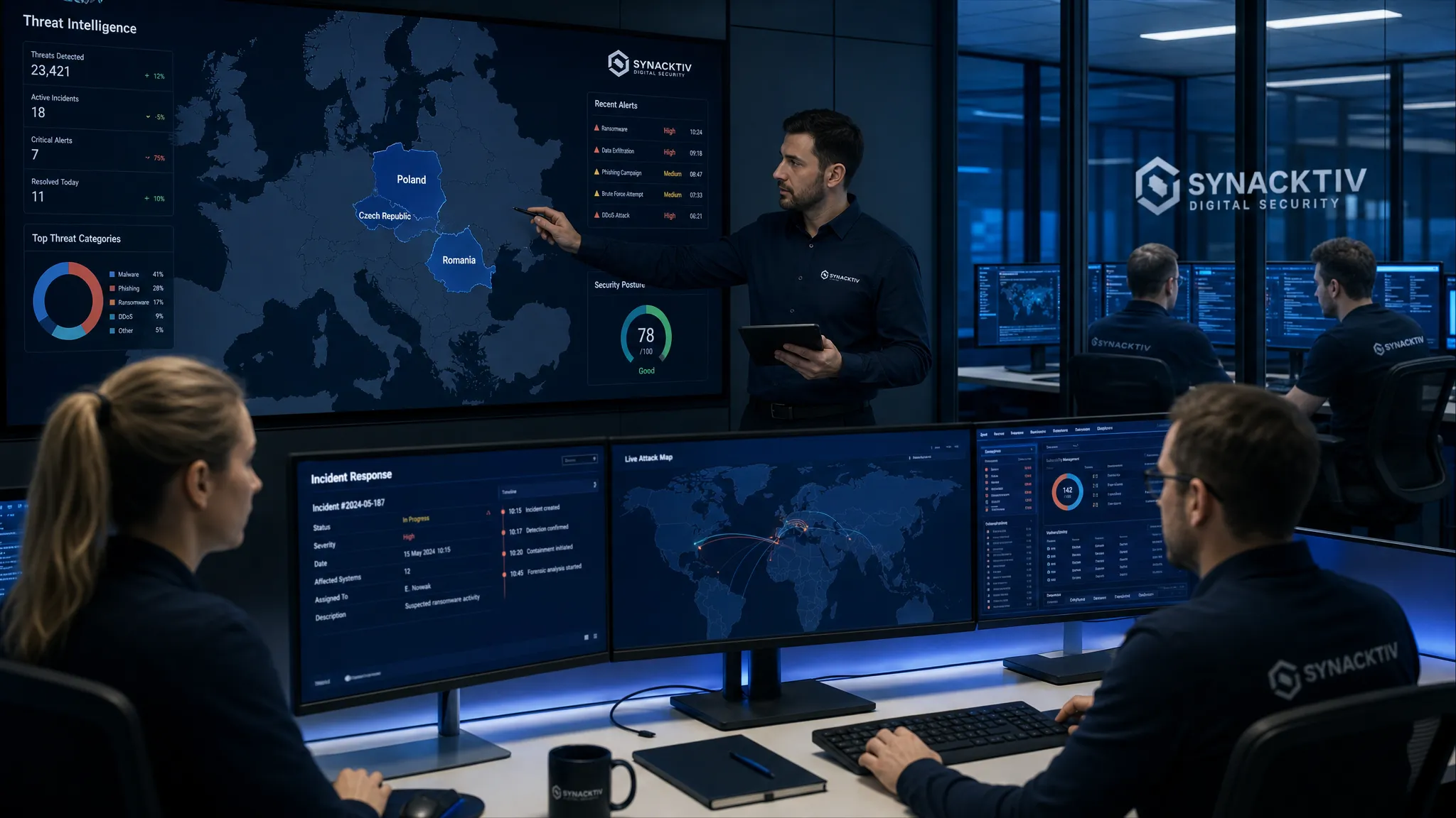 A modern European cybersecurity operations team collaborating across different locations, with analysts at secure workstations, incident response dashboards, and a map showing Poland, Czech Republic, Romania, and Western Europe.