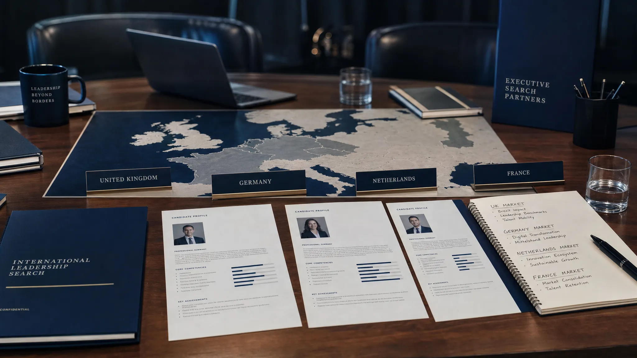 Une table de salle de conseil avec une carte de l’Europe, des documents de profils candidats, des intitulés de postes de direction et des notes de marché pour le Royaume-Uni, l’Allemagne, les Pays-Bas et la France, disposés pour une discussion sur une mission internationale d’executive search.