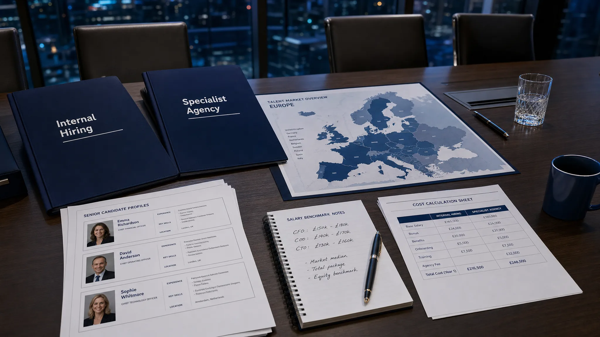 Une table de salle de conseil avec deux dossiers de stratégie de recrutement intitulés « recrutement interne » et « agence spécialisée », placés à côté d’une carte de l’Europe, de profils de candidats seniors, de notes de benchmark salarial et de feuilles de calcul des coûts.