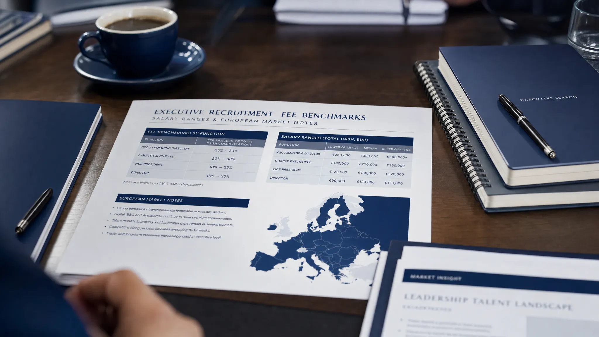 A close-up view of printed executive recruitment fee benchmarks, salary ranges and European market notes laid out beside notebooks and coffee cups on a boardroom table.