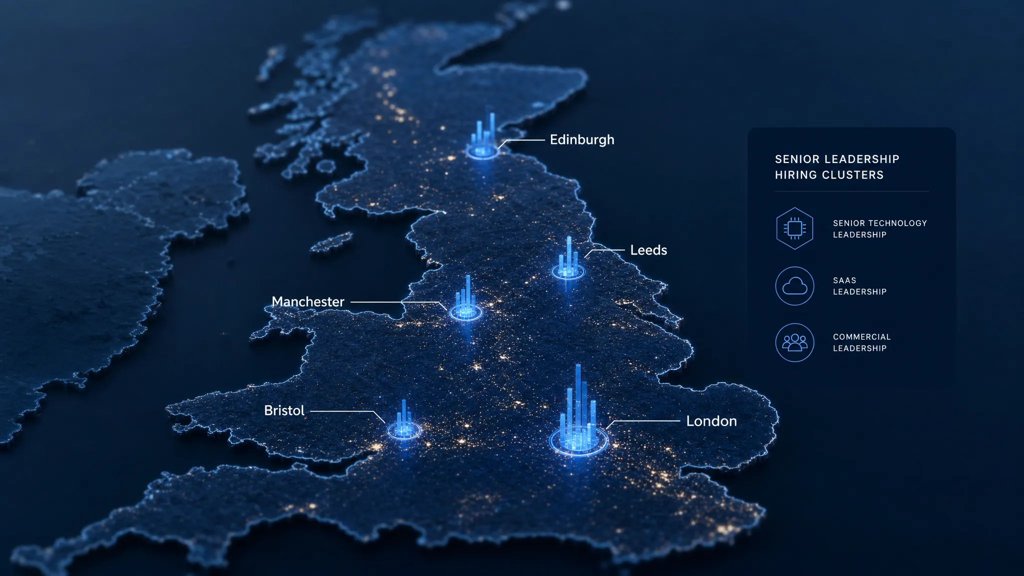 Carte du Royaume-Uni mettant en évidence Londres, Manchester, Édimbourg, Bristol et Leeds avec des marqueurs discrets pour les pôles de recrutement senior en technologie, SaaS et direction commerciale.