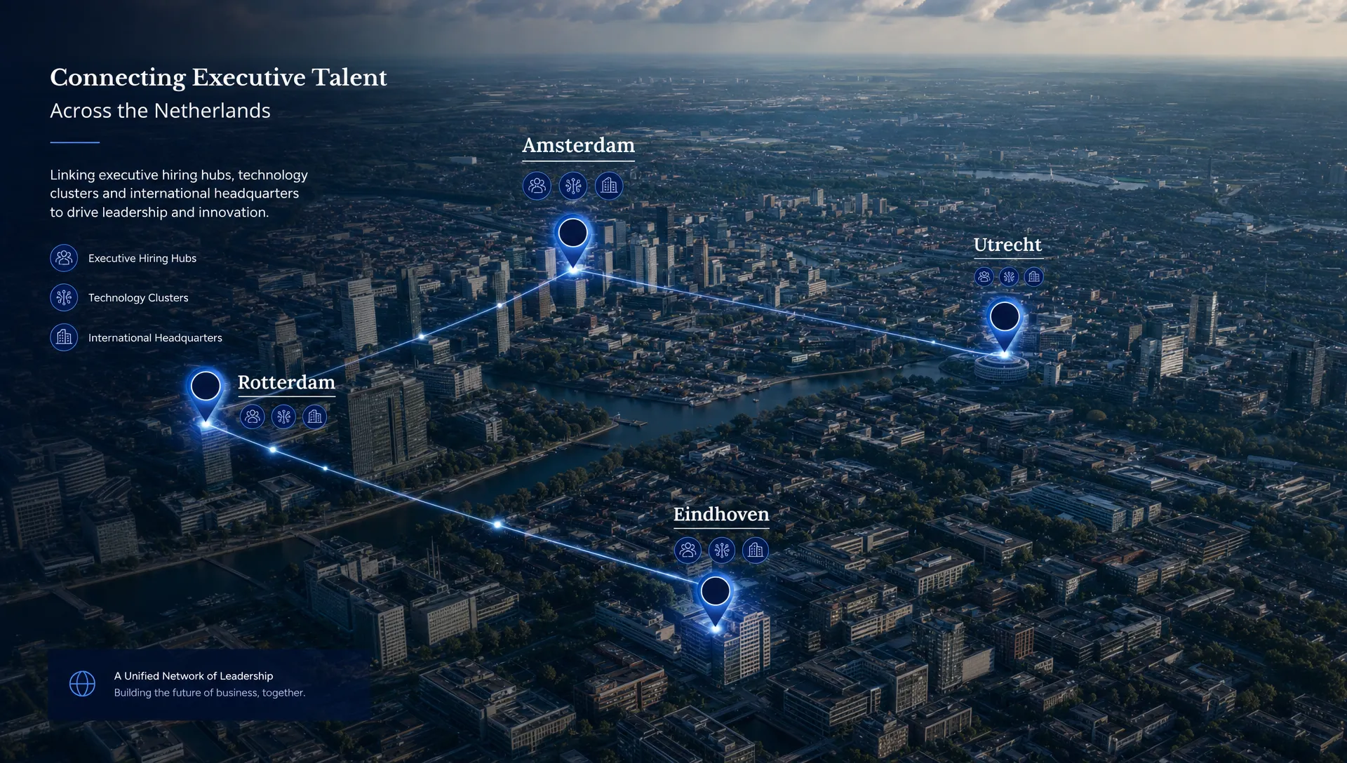 Luftaufnahme eines niederländischen Geschäftsviertels mit Kartenmarkierungen für Amsterdam, Eindhoven, Rotterdam und Utrecht, verbunden durch Routenlinien zur Darstellung von Executive-Hiring-Hubs, Technologie-Clustern und internationalen Hauptquartieren.