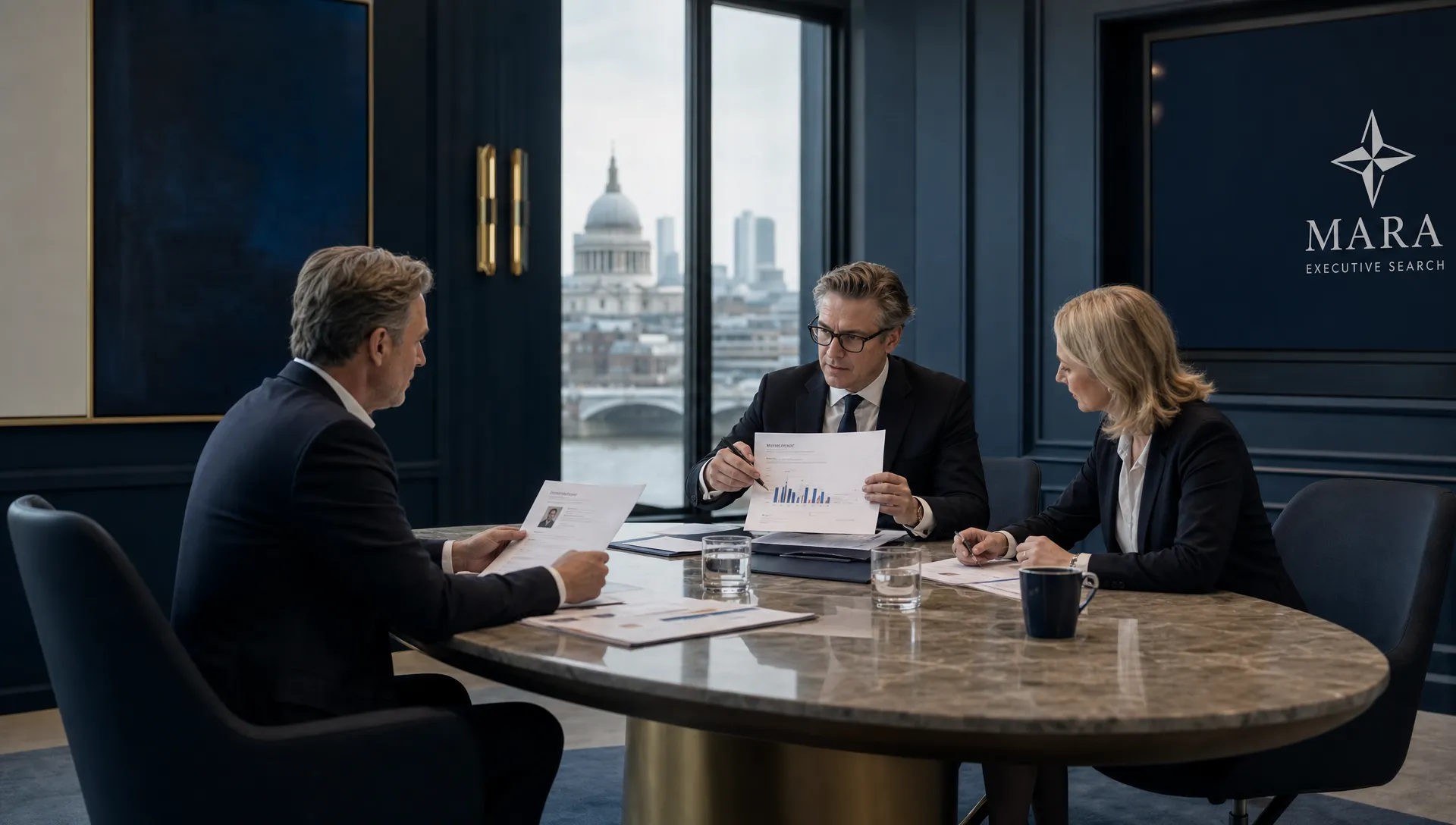 Ein Gespräch über die Besetzung einer Senior-Executive-Rolle in einem modernen europäischen Boardroom, bei dem CEO, CRO und Talent-Leitung Kandidatenprofile und Vergütungsbenchmarks auf ausgedruckten Unterlagen prüfen; die Szene ist aus einem breiteren seitlichen Winkel aufgenommen und die Personen sitzen um den Tisch herum.