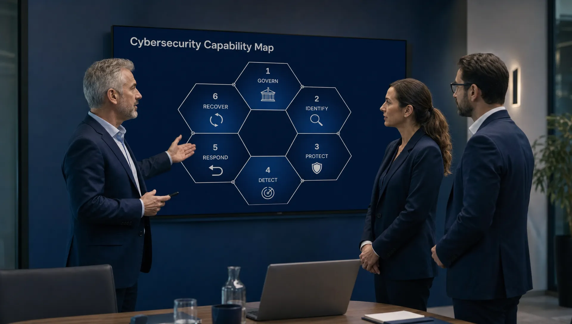 A senior hiring leader, cybersecurity executive and HR manager standing in front of a wall display with a simplified six-part cybersecurity capability map, showing govern, identify, protect, detect, respond and recover as connected sections in a meeting room.