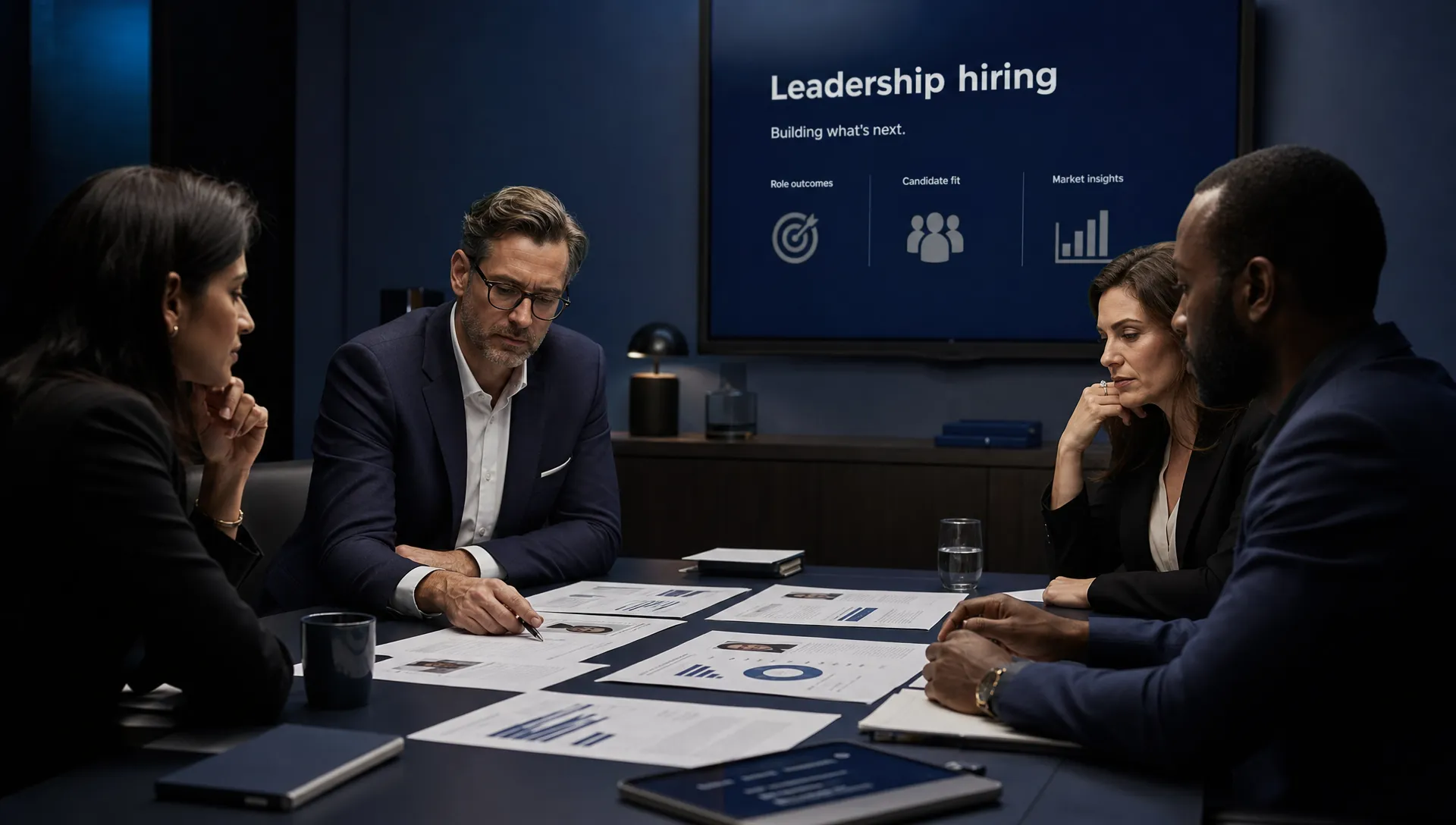 A leadership hiring discussion in a modern meeting room, with a small group reviewing candidate profiles, role outcomes and market insights on papers spread across a table.
