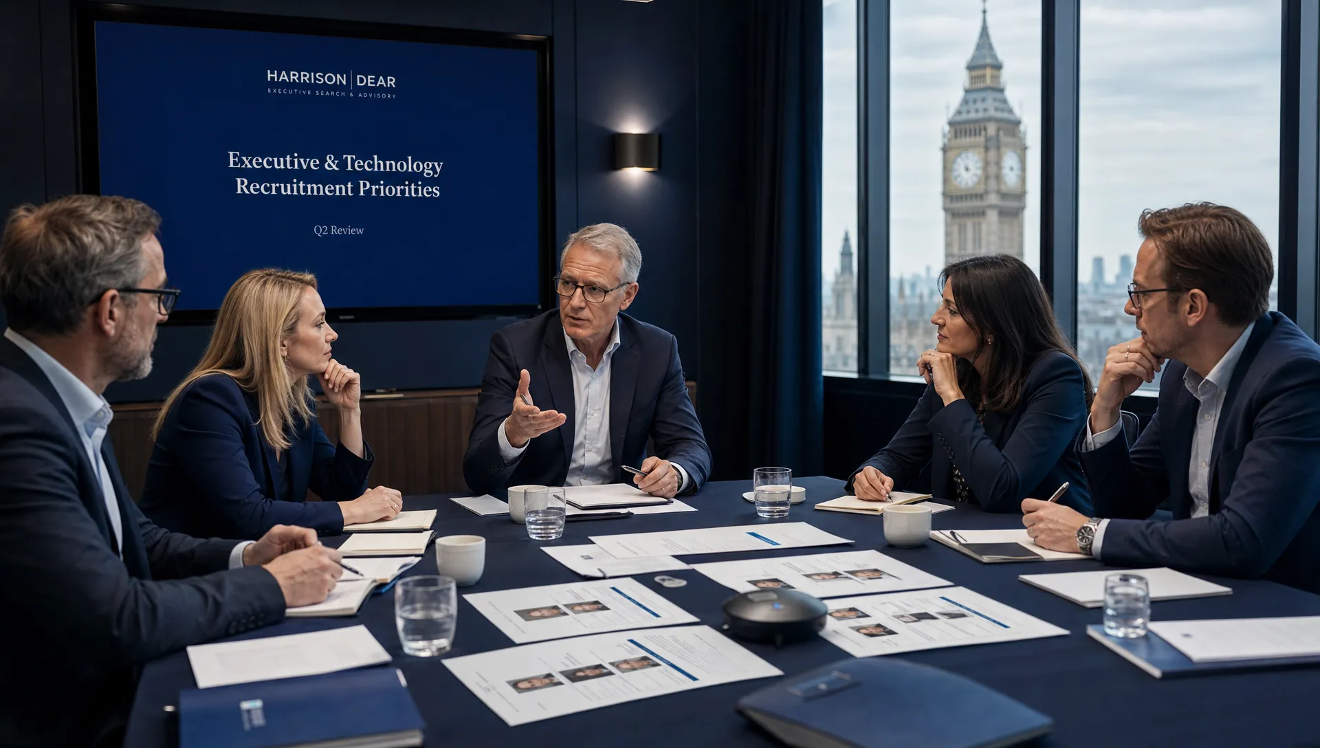Senior hiring team in a London meeting room discussing executive and technology recruitment priorities, with candidate scorecards and role brief documents spread across the table.