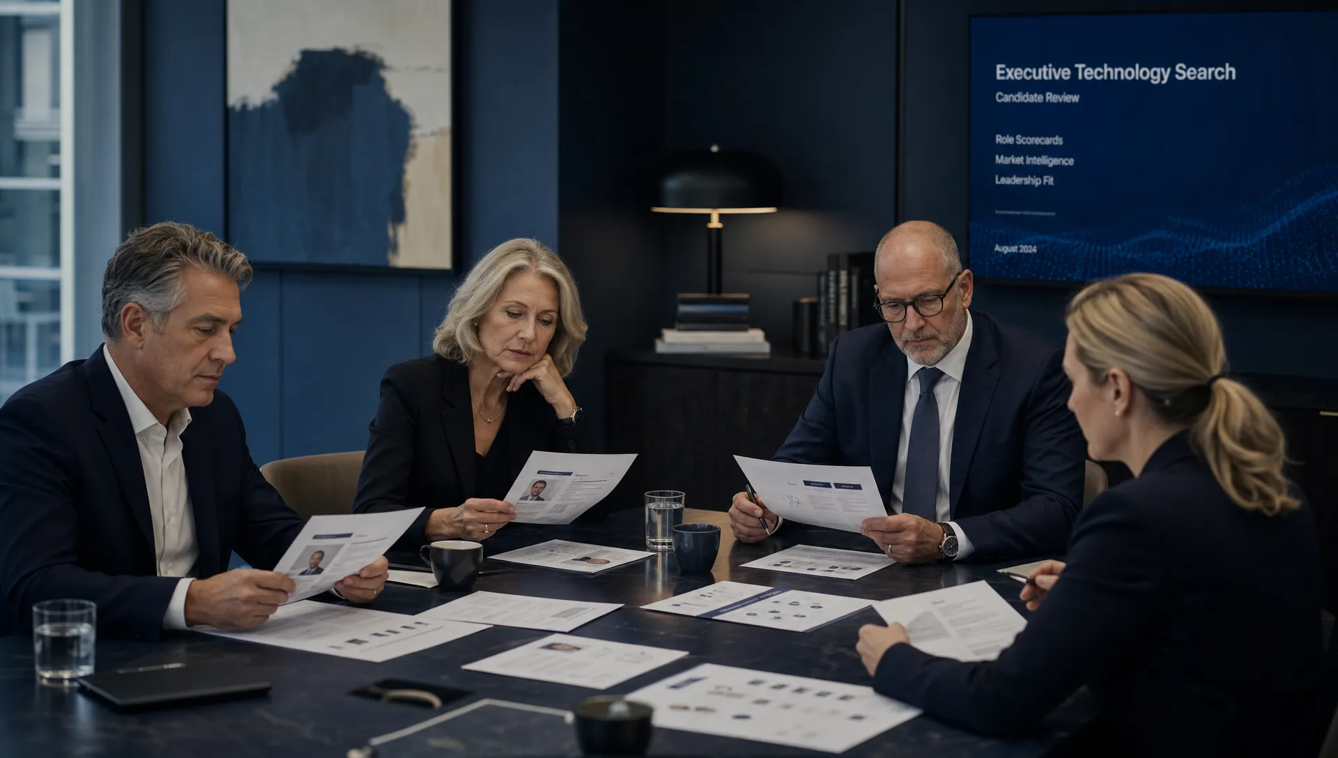 A senior leadership hiring team seated around a conference table reviewing printed candidate profiles, role scorecards and market notes during an executive technology search.