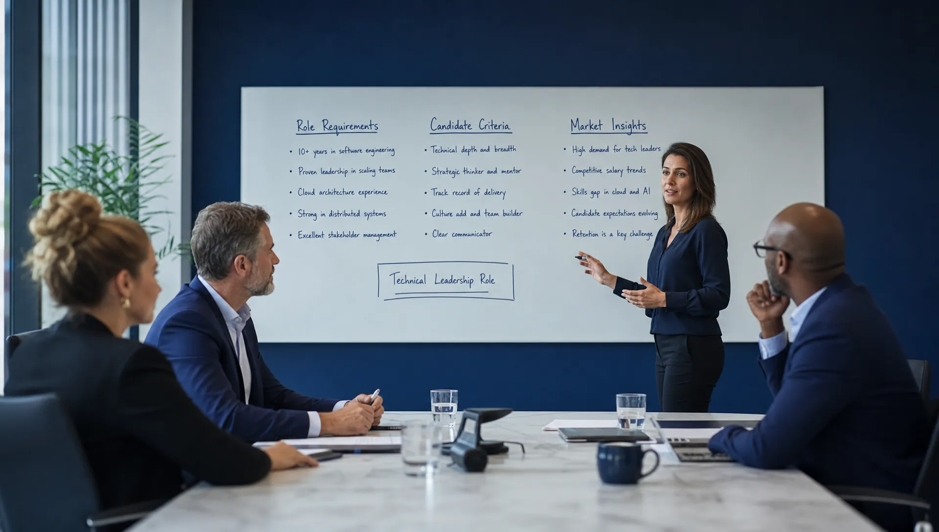 A senior hiring team and an engineering recruiter discussing a technical leadership role around a meeting table, with role requirements, candidate criteria and market insights written on a whiteboard.