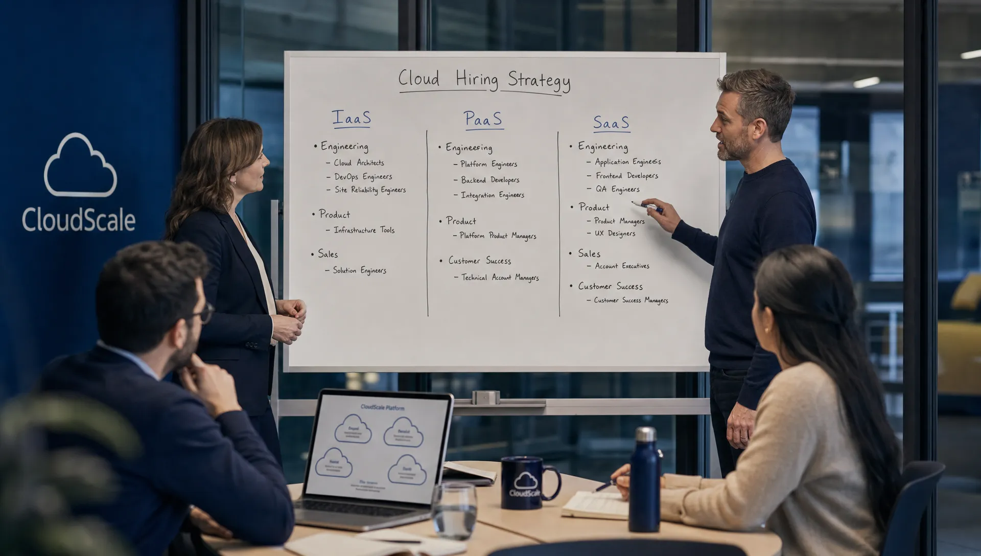 Ein Führungsteam in einem modernen Büro bespricht eine Cloud-Recruiting-Strategie an einem Whiteboard mit drei Spalten namens IaaS, PaaS und SaaS sowie Notizen zu Rollen in Engineering, Produkt, Vertrieb und Customer Success.