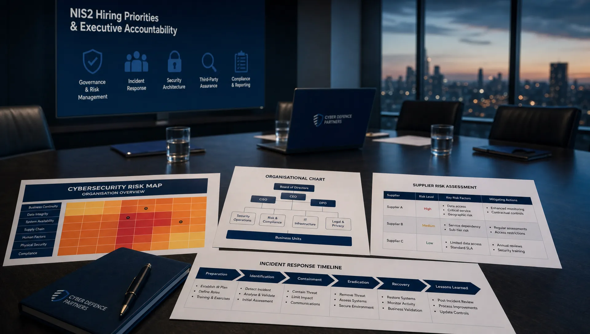 A boardroom table with printed cybersecurity risk maps, organisational charts, supplier risk notes and incident response timelines, representing NIS2 hiring priorities and executive accountability.