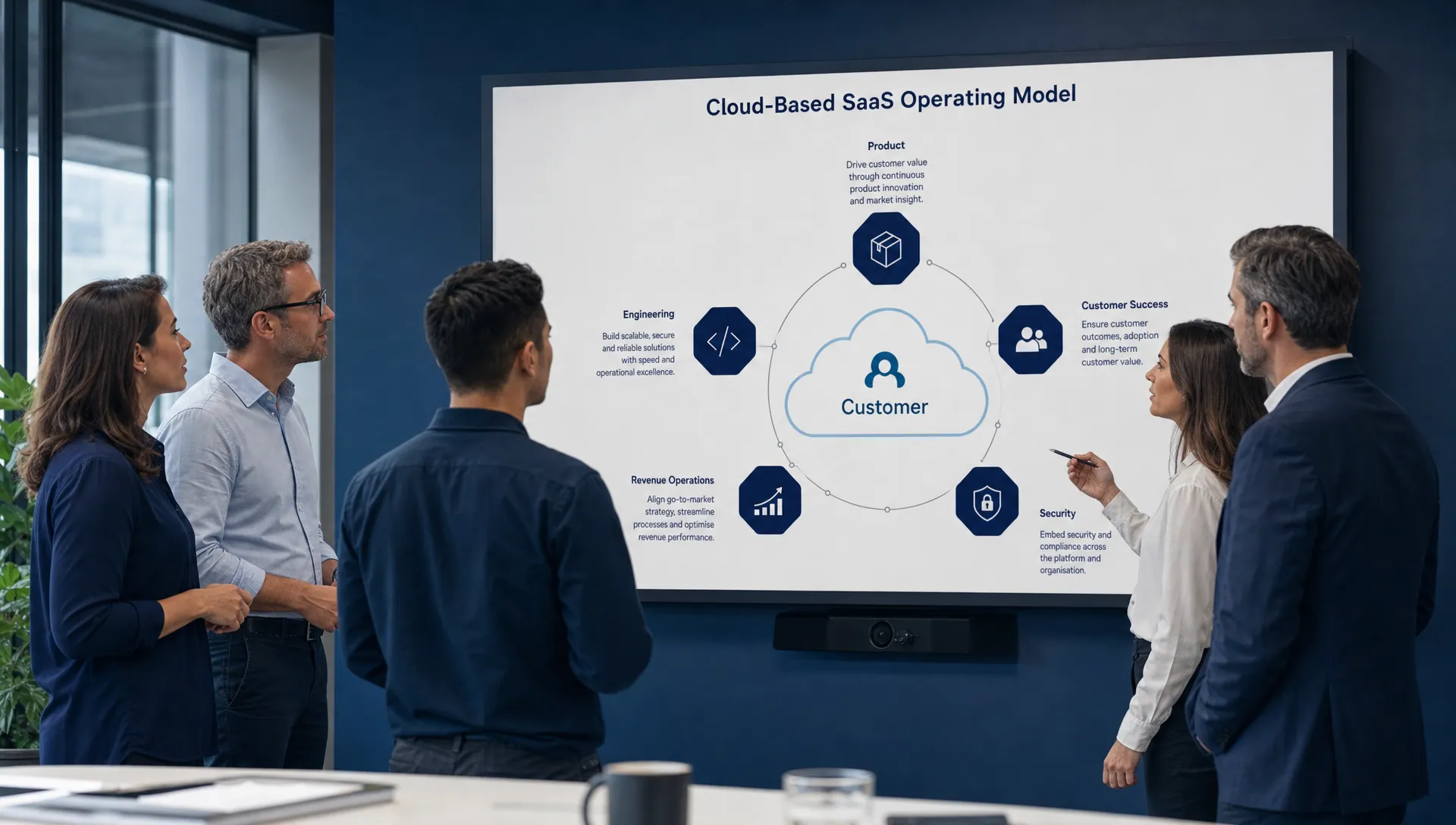 A leadership team reviewing a cloud-based SaaS operating model on a meeting room wall, with connected areas for product, engineering, customer success, revenue operations and security, shown in a bright strategy room with the group standing rather than seated.