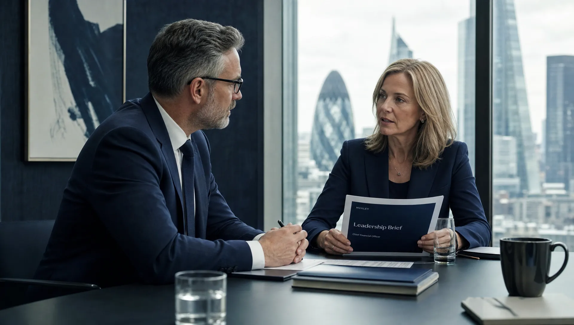 Ein Senior Recruiter und ein Executive-Kandidat besprechen in einem privaten Meetingraum ein Leadership-Briefing; auf dem Tisch liegen gedruckte Notizen, durch das Fenster ist eine Stadtsilhouette zu sehen, und die Atmosphäre ist diskret und professionell.