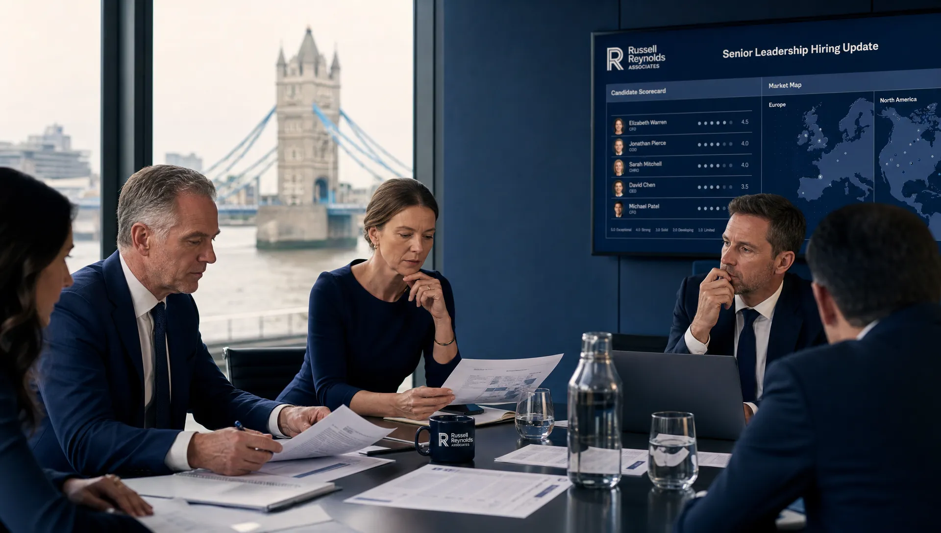 Eine Diskussion zur Besetzung einer Führungsposition in einem Londoner Besprechungsraum, bei der Führungskräfte Kandidaten-Scorecards und Marktübersichten für Europa und Nordamerika prüfen.