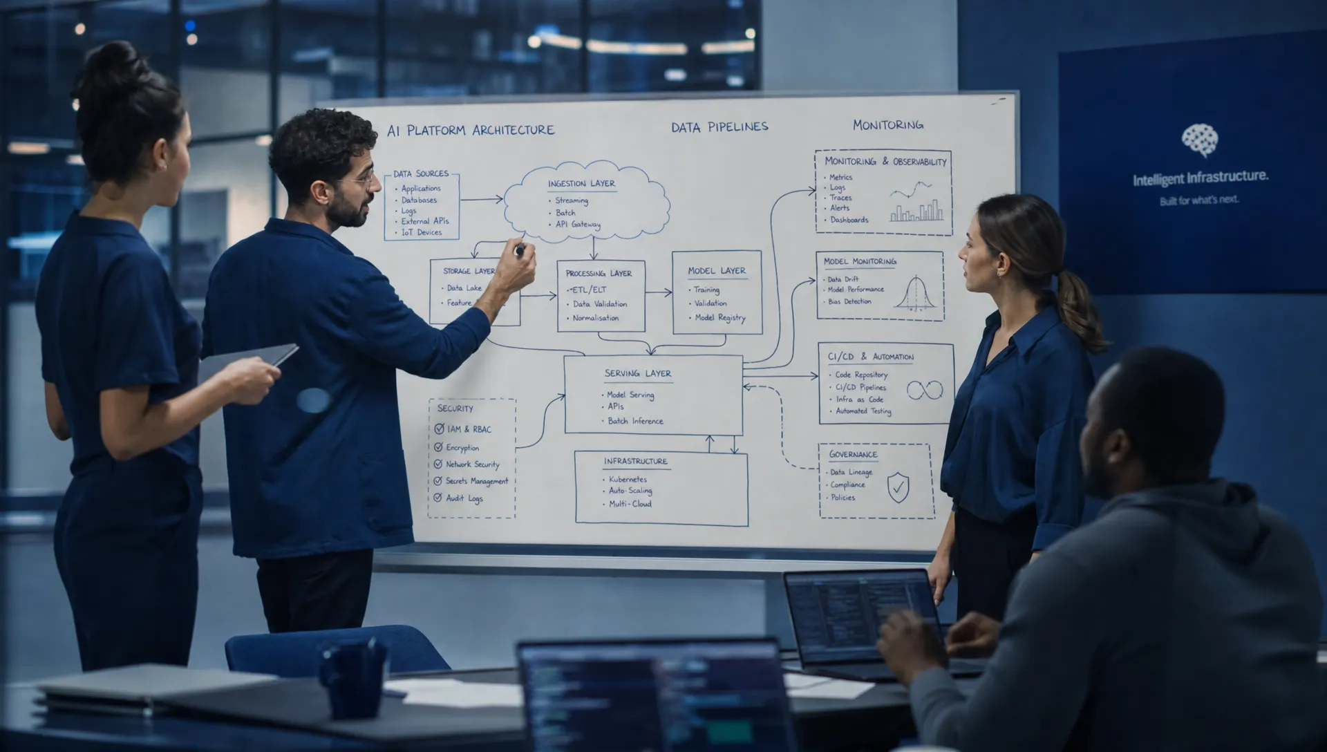 Une équipe transverse planifie une plateforme d’infrastructure IA autour d’un tableau blanc présentant une architecture cloud, des pipelines de données, la surveillance et des points de contrôle de sécurité.