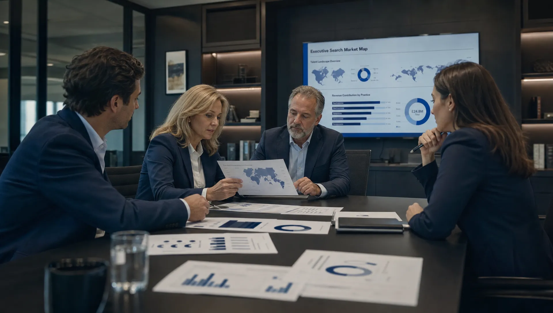 A senior hiring team reviews market maps, candidate scorecards and revenue priorities on a conference table.