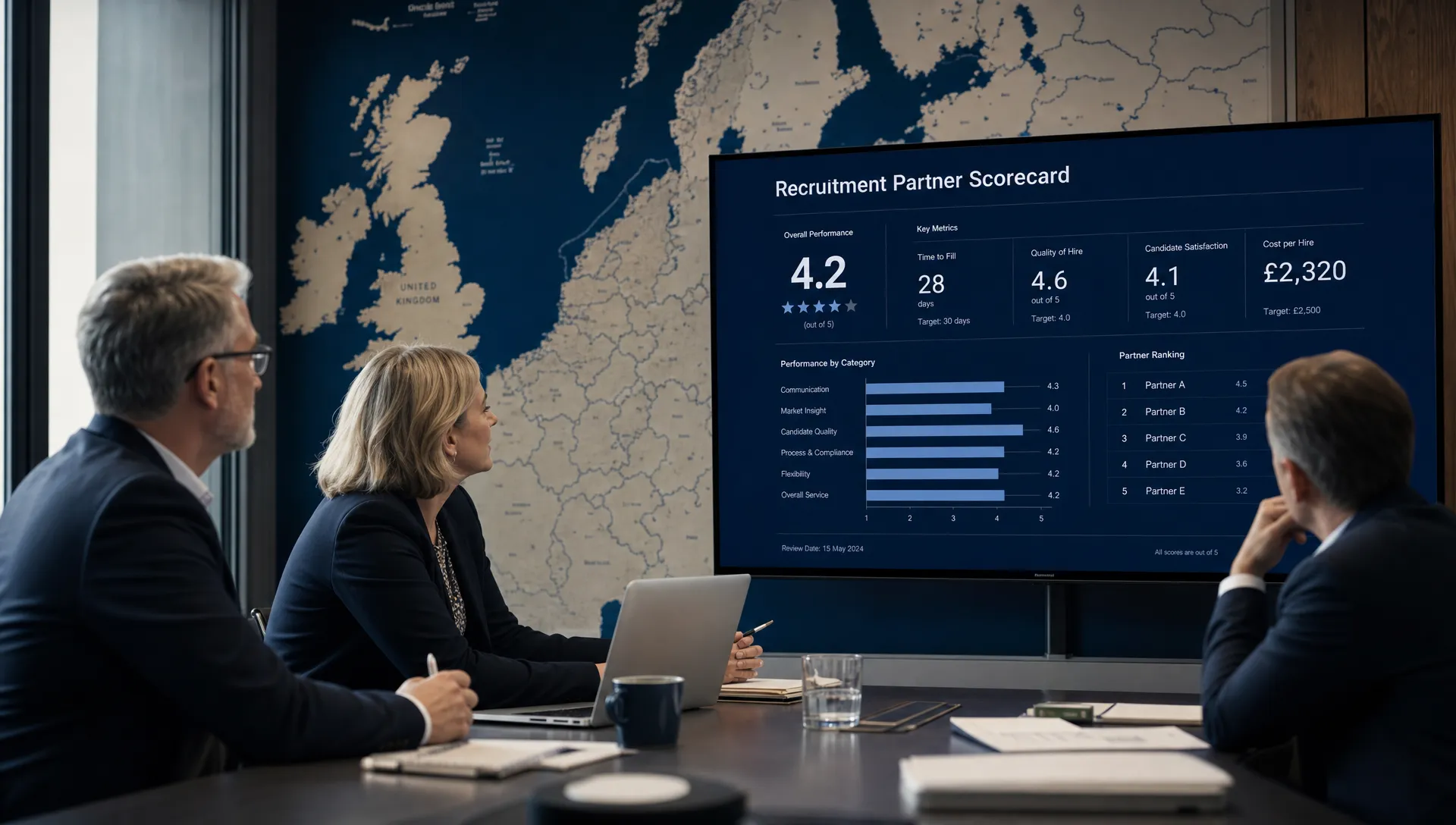 Ein Senior-Hiring-Team prüft in einem Besprechungsraum neben einer Wandkarte des Vereinigten Königreichs und Europas die Scorecard eines Recruiting-Partners.